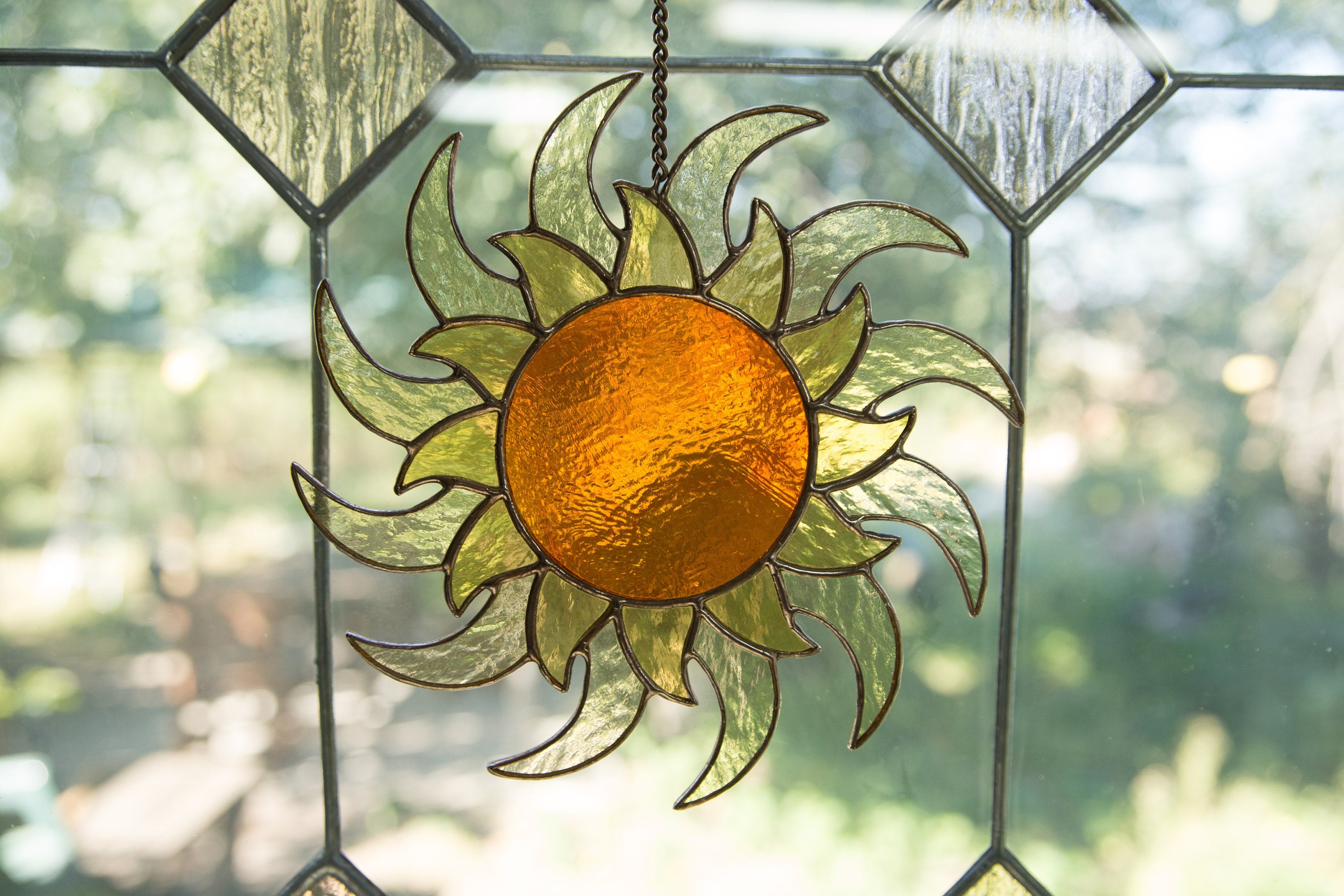 Sun ornament stained glass window hangings Best gift for mom Sunshine party decor Custom stained glass ornament Housewarming gifts
