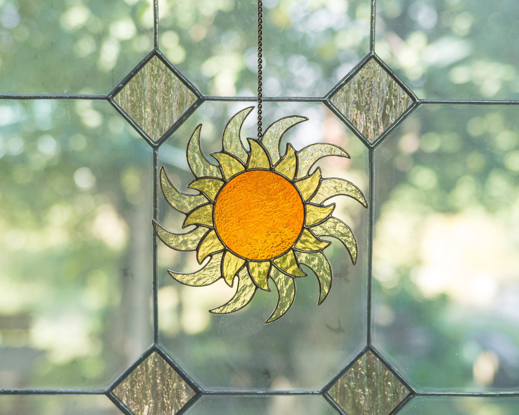 Sun ornament stained glass window hangings Best gift for mom Sunshine party decor Custom stained glass ornament Housewarming gifts