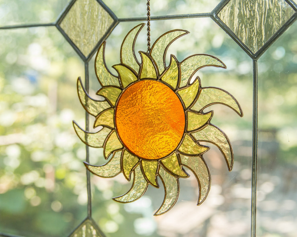 Sun ornament stained glass window hangings Best gift for mom Sunshine party decor Custom stained glass ornament Housewarming gifts