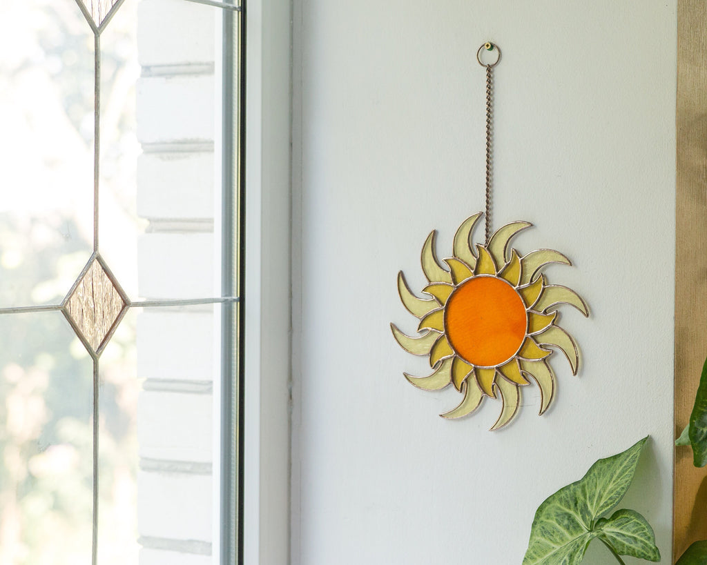 Sun ornament stained glass window hangings Best gift for mom Sunshine party decor Custom stained glass ornament Housewarming gifts