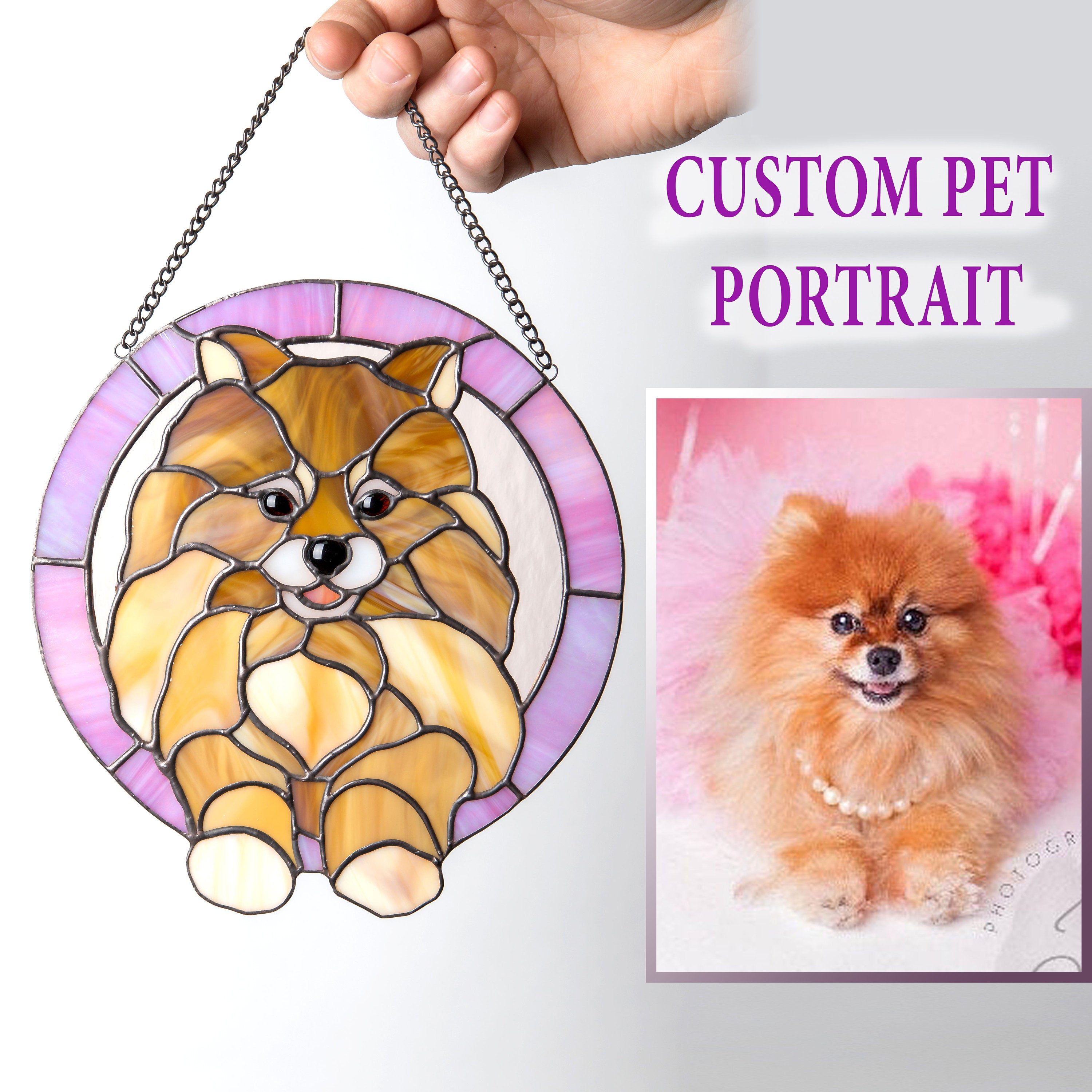 Custom stained glass pet portrait suncatcher from photo Dog or cat memorial ornament