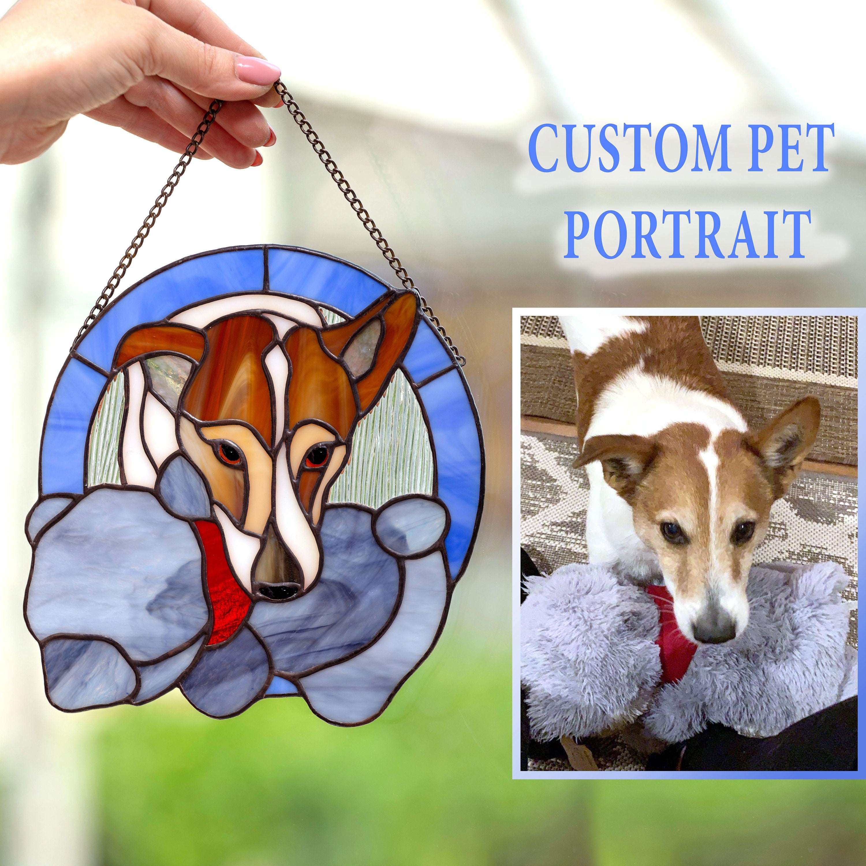 Custom stained glass pet portrait suncatcher from photo Dog or cat memorial ornament