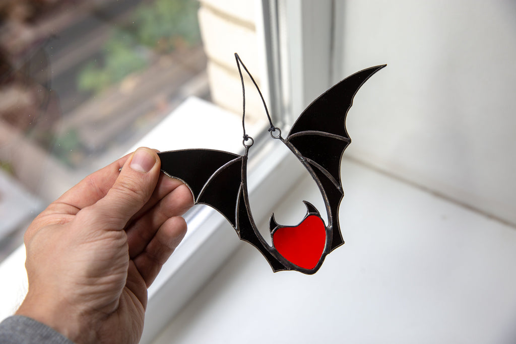 Valentine stained glass heart suncatcher Halloween gift goth home decor Stained glass bat honeymoon gifts Halloween decor