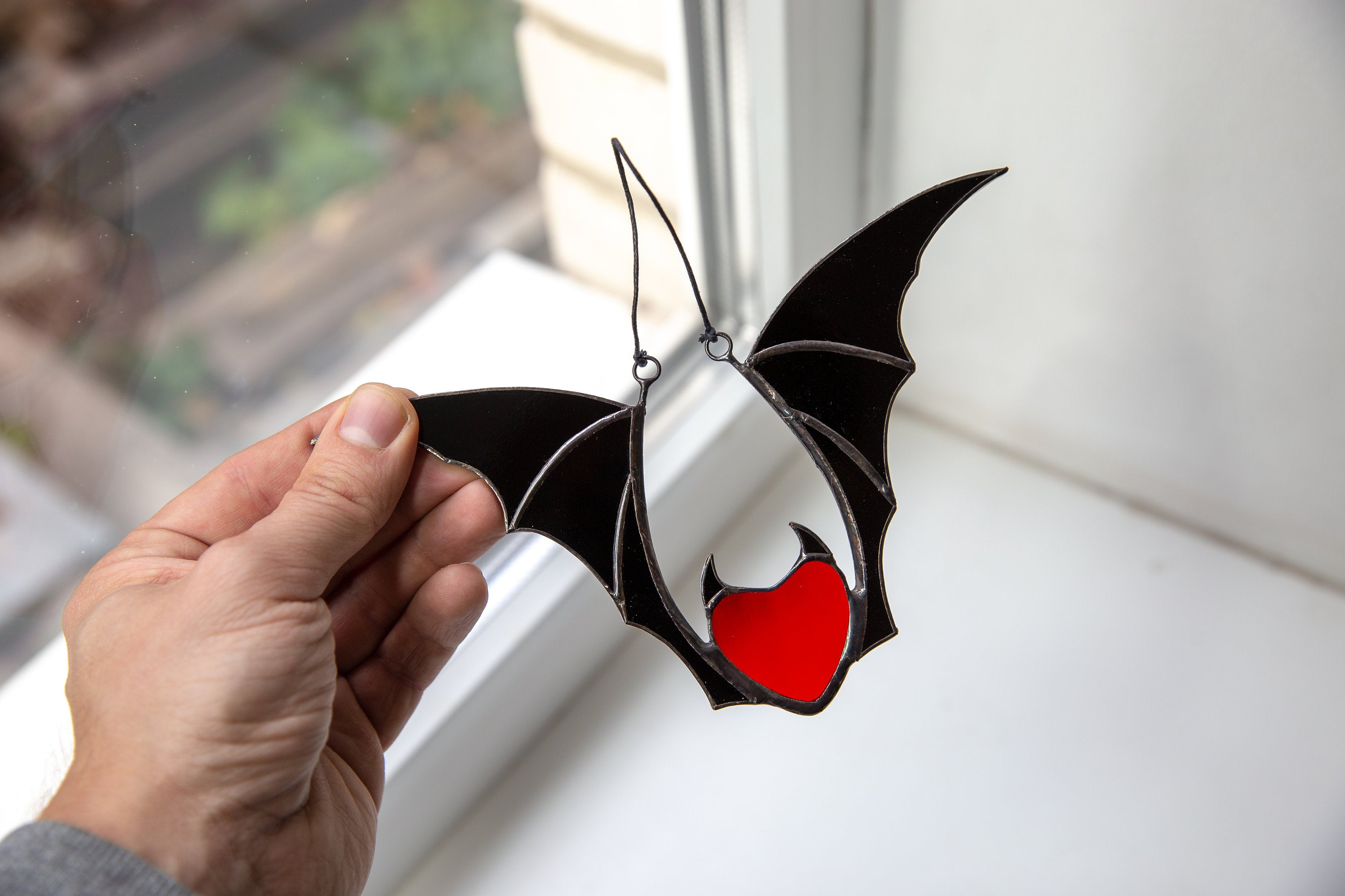 Valentine stained glass heart suncatcher Halloween gift goth home decor Stained glass bat honeymoon gifts Halloween decor