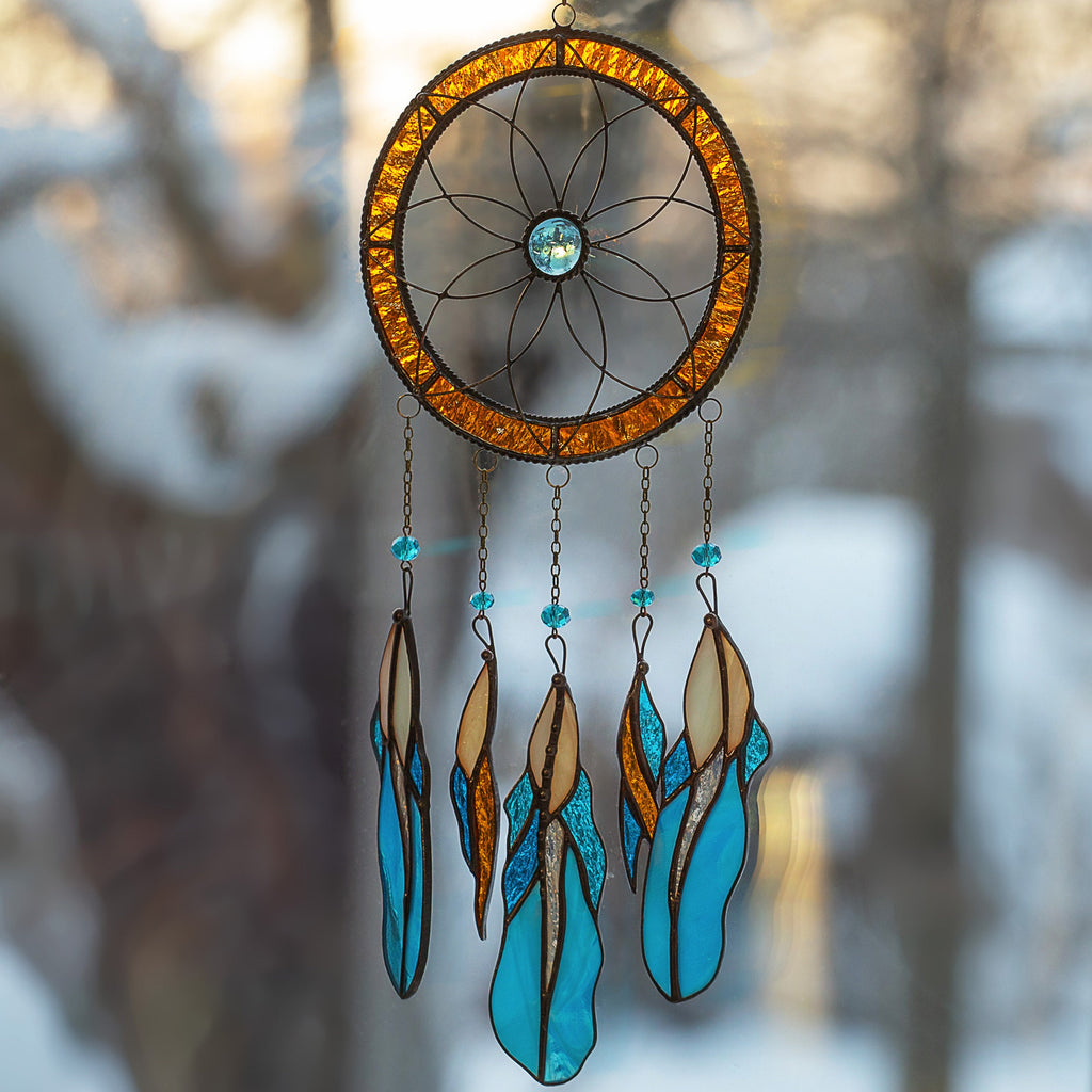 Stained glass feather dreamcatcher Unique gift for mom Home improvement Modern stained glass window hangings