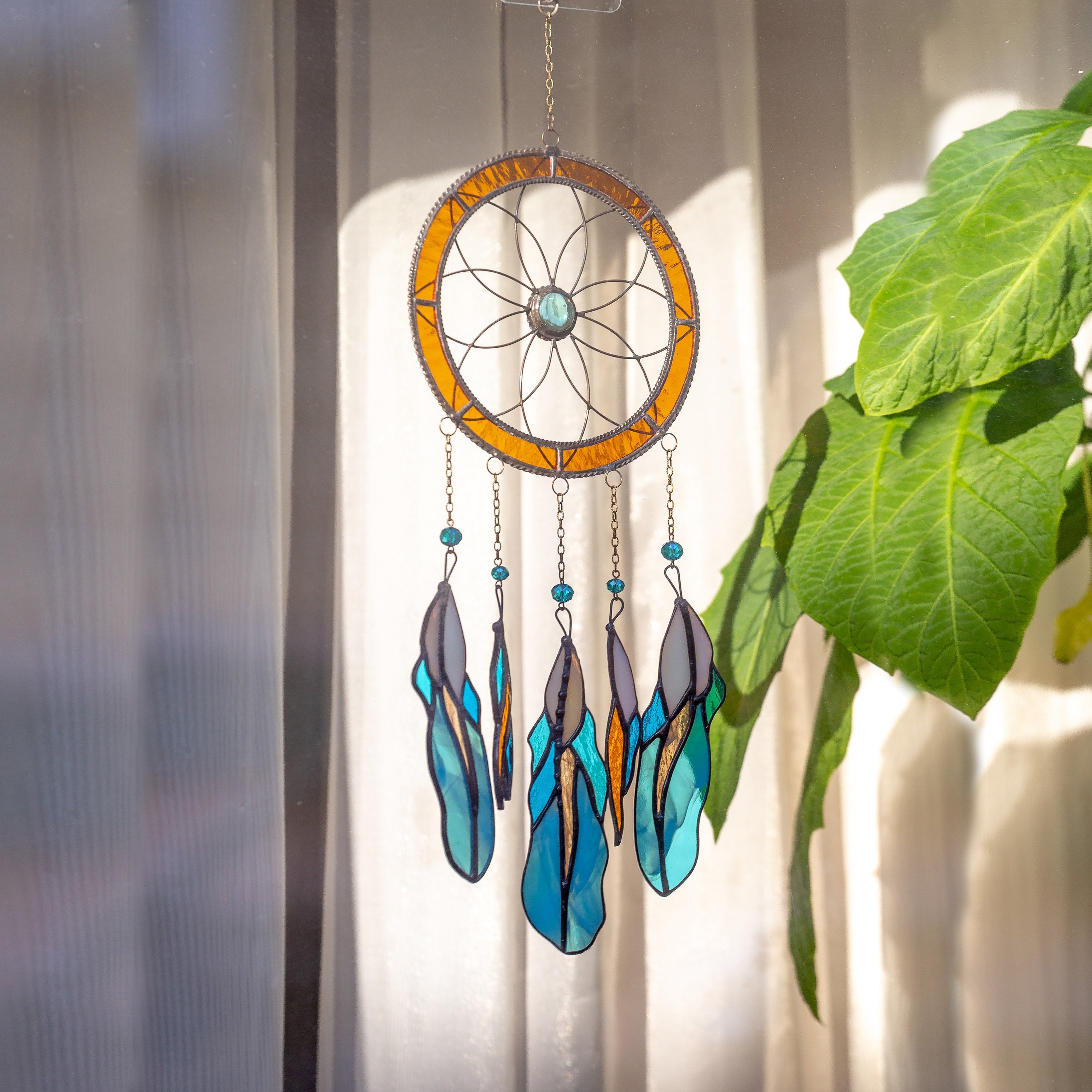Stained glass feather dreamcatcher Unique gift for mom Home improvement Modern stained glass window hangings