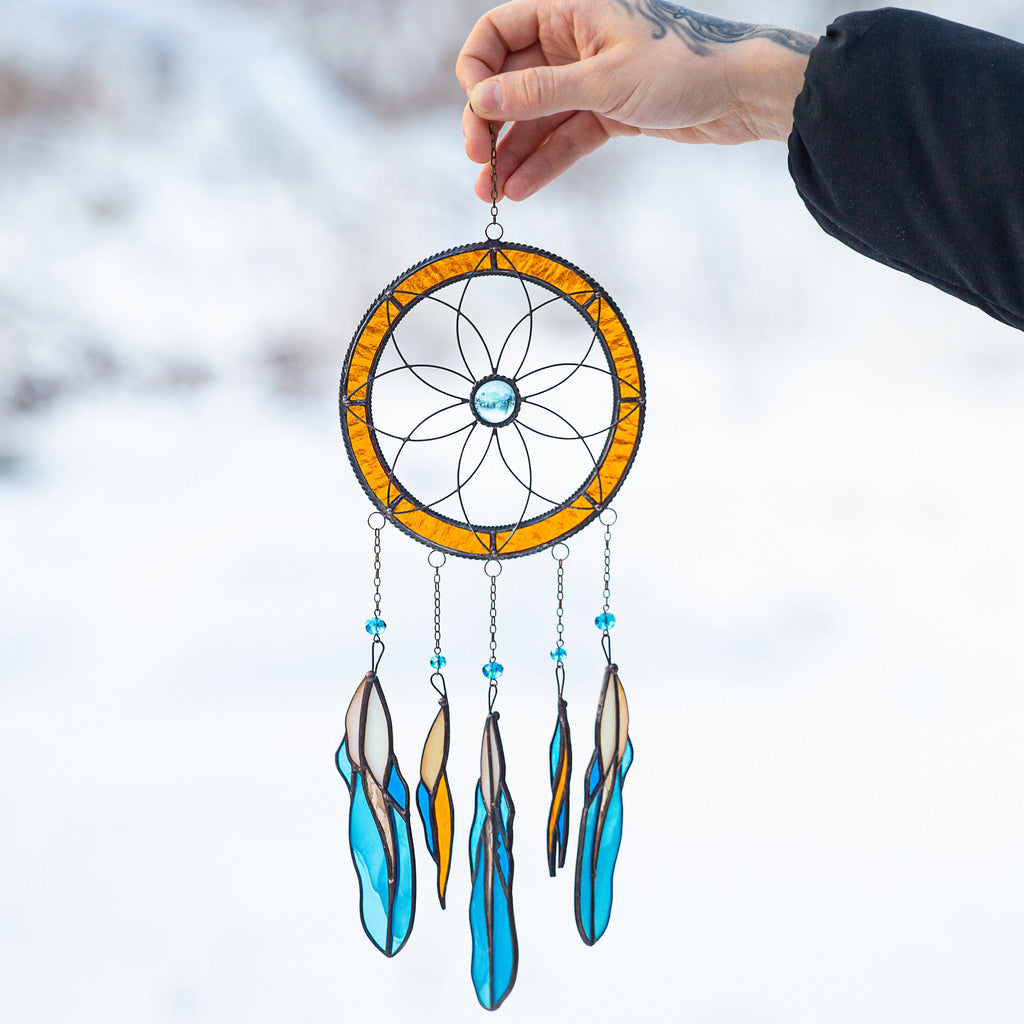 Stained glass feather dreamcatcher Unique gift for mom Home improvement Modern stained glass window hangings