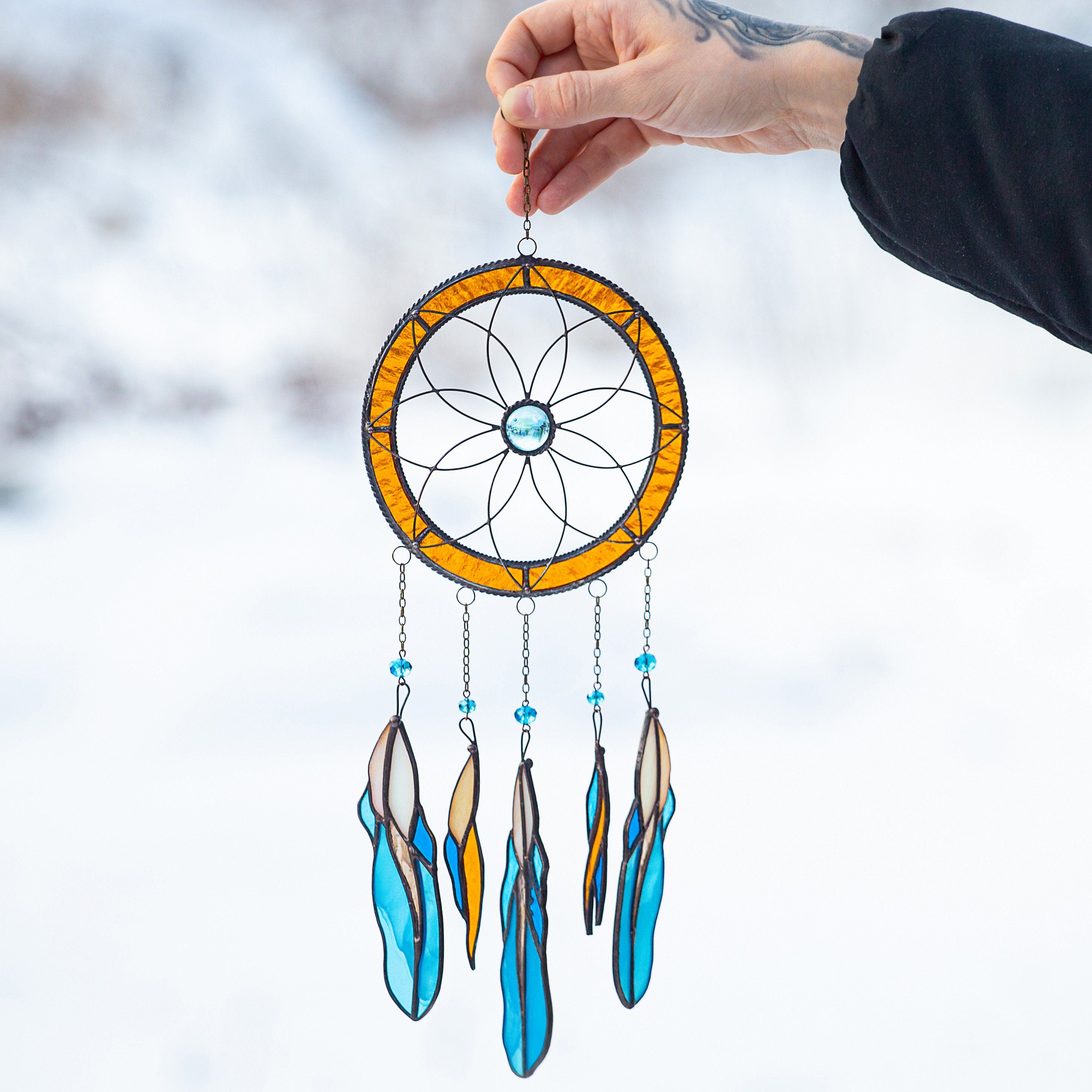 Stained glass feather dreamcatcher Unique gift for mom Home improvement Modern stained glass window hangings
