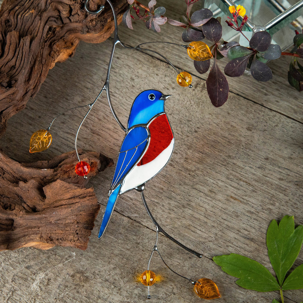 Bluebird stained glass window hangings Gift for dad Stained glass bird ornament Unusual gifts Bird wall art