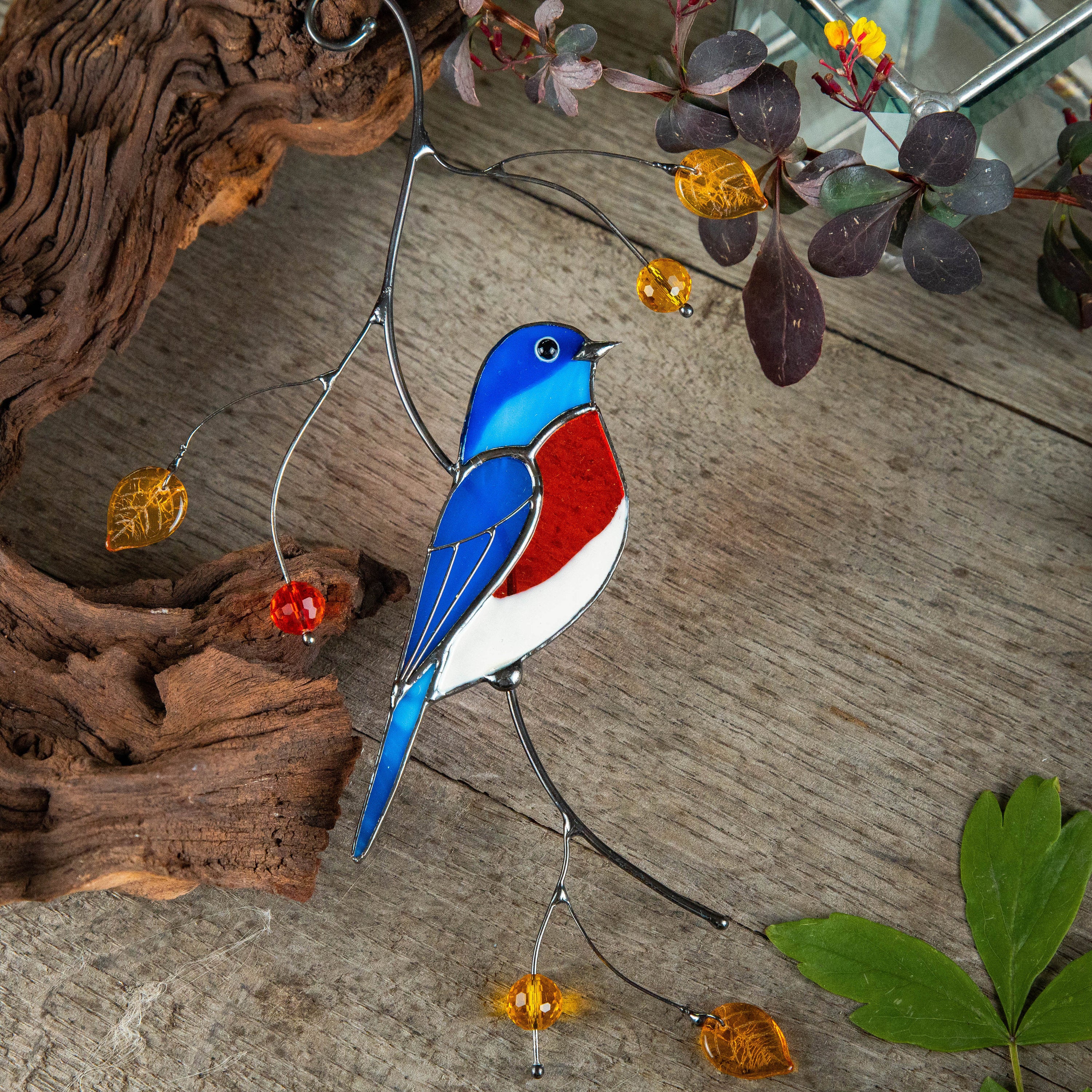 Bluebird stained glass window hangings Gift for dad Stained glass bird ornament Unusual gifts Bird wall art