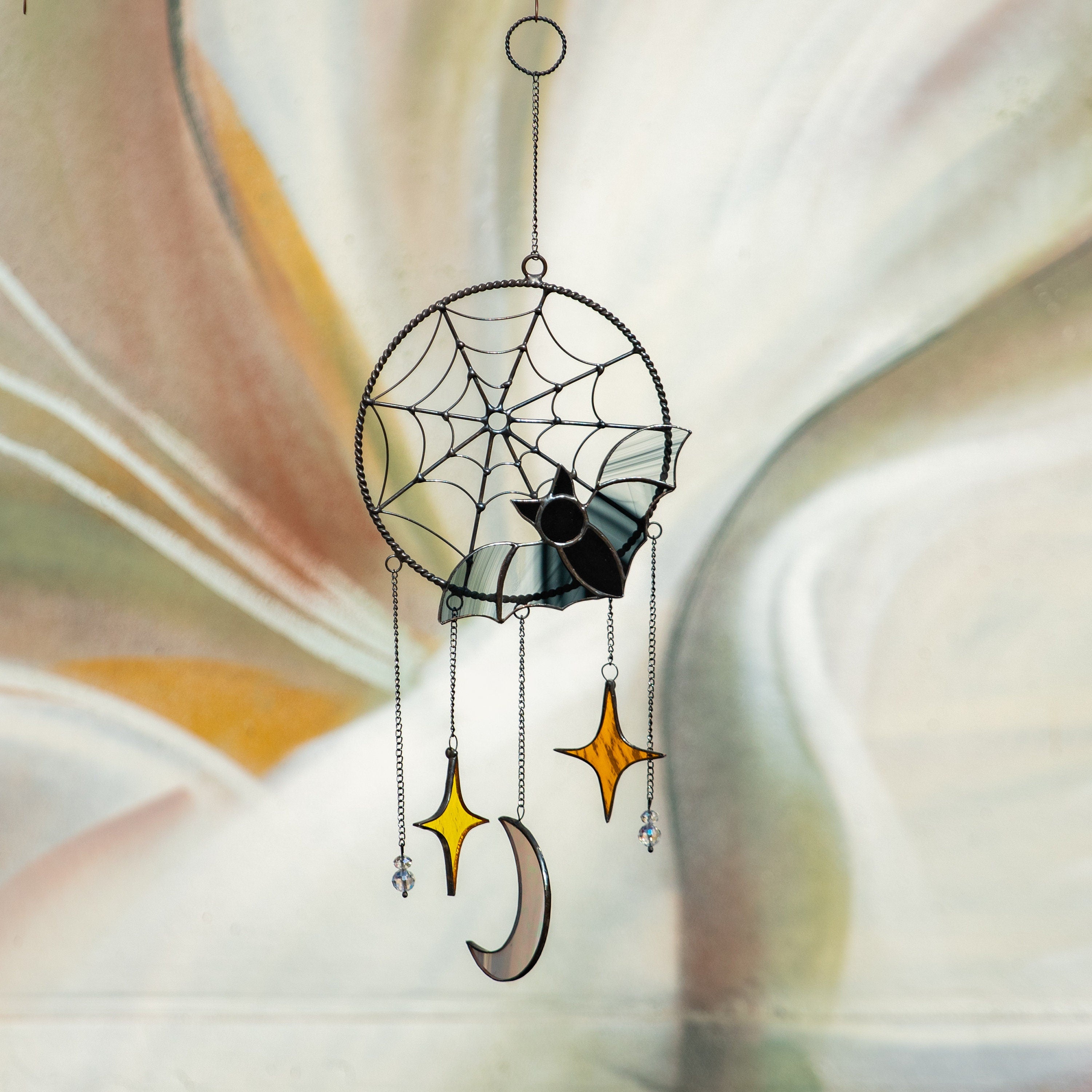 Halloween stained glass dreamcatcher Halloween spirit Custom stained glass dreamcatcher wall hanging Stained glass moon suncatcher