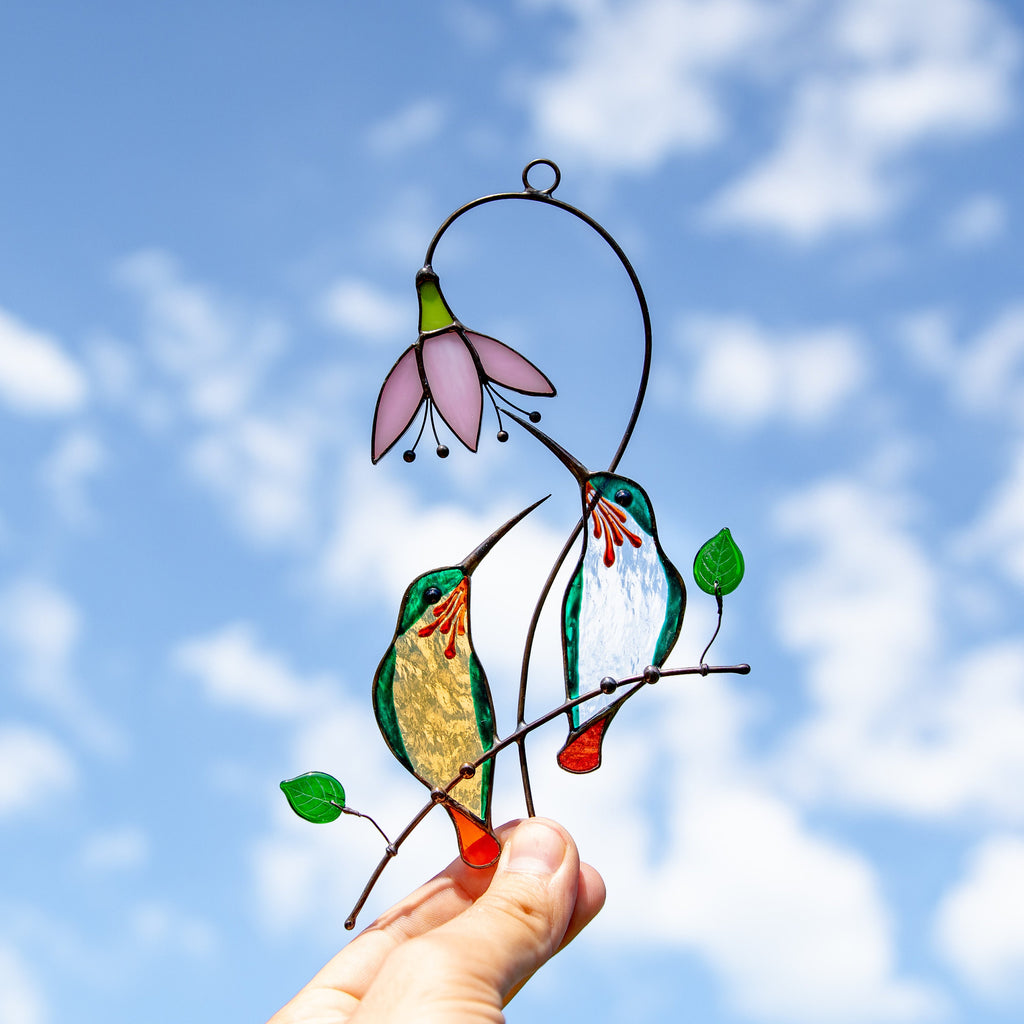 Hummingbird stained glass bird suncatcher Unique gift for mom Custom stained glass window hangings Hummingbird suncatcher