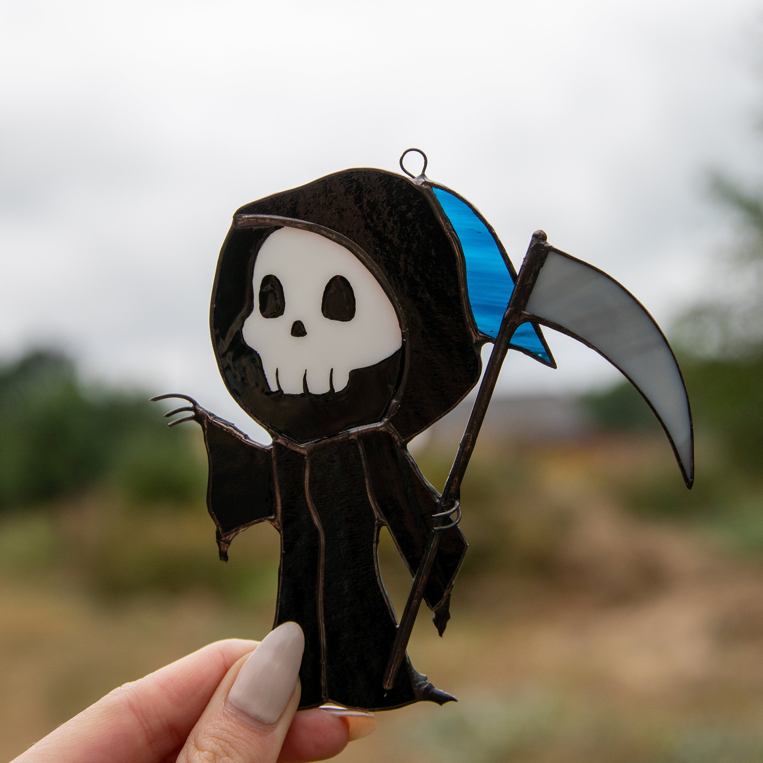 Custom stained glass Halloween artwork Grim reaper Modern stained glass window hangings Spooky ornaments Stained glass Halloween suncatcher