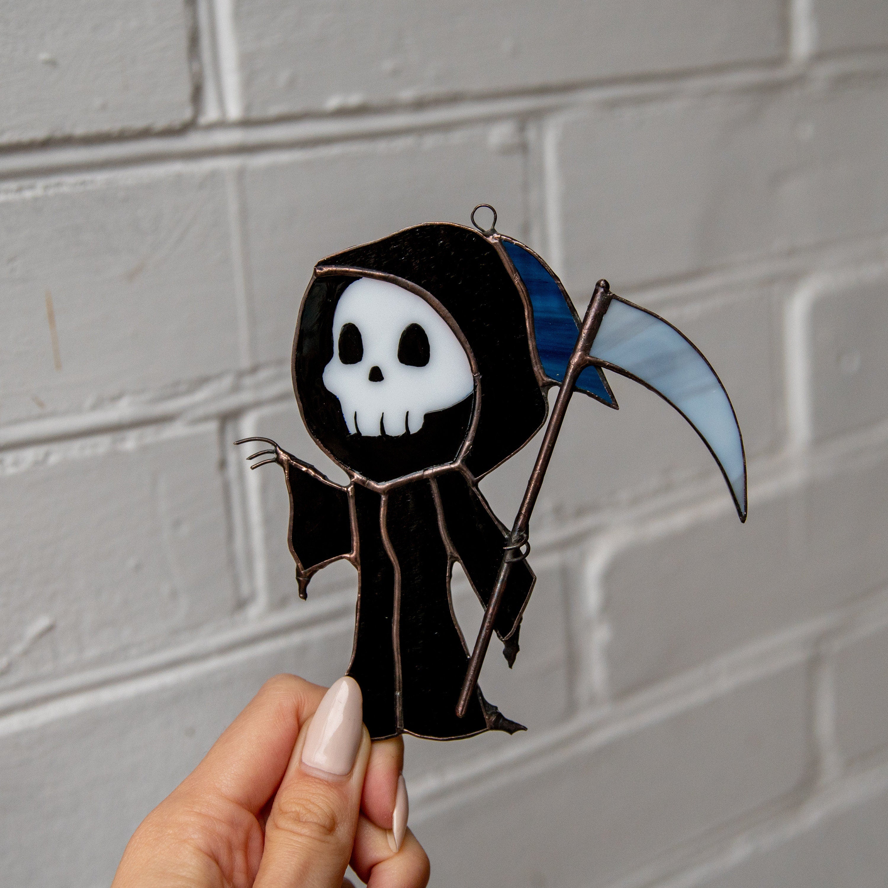 Custom stained glass Halloween artwork Grim reaper Modern stained glass window hangings Spooky ornaments Stained glass Halloween suncatcher