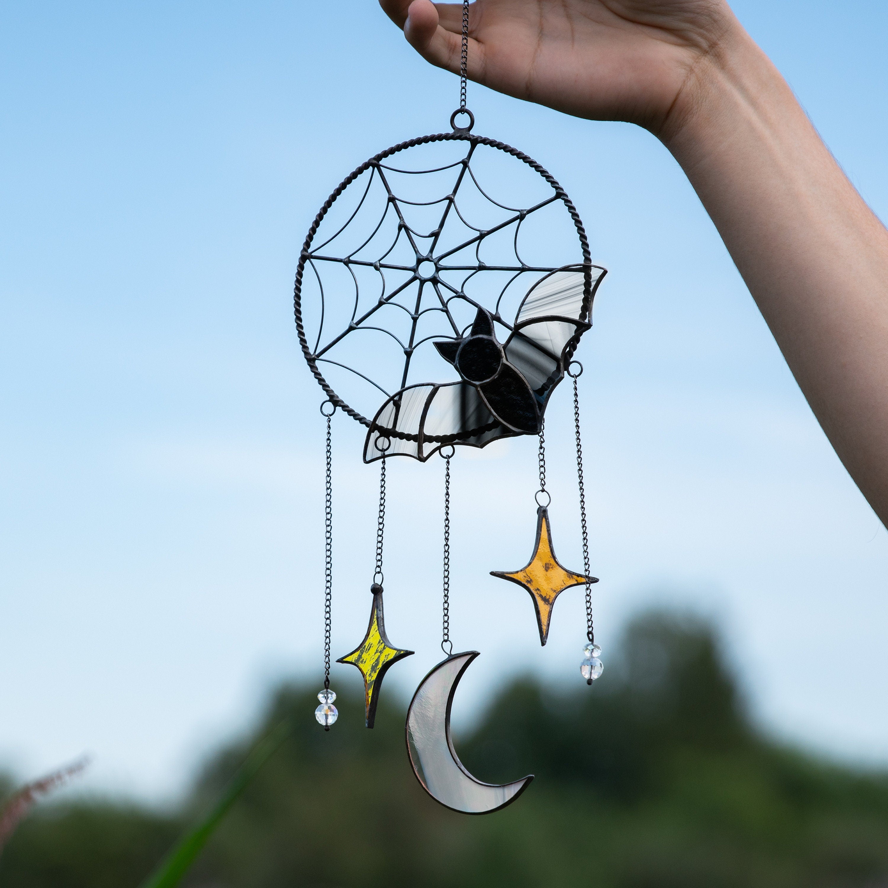 Halloween stained glass dreamcatcher Halloween spirit Custom stained glass dreamcatcher wall hanging Stained glass moon suncatcher