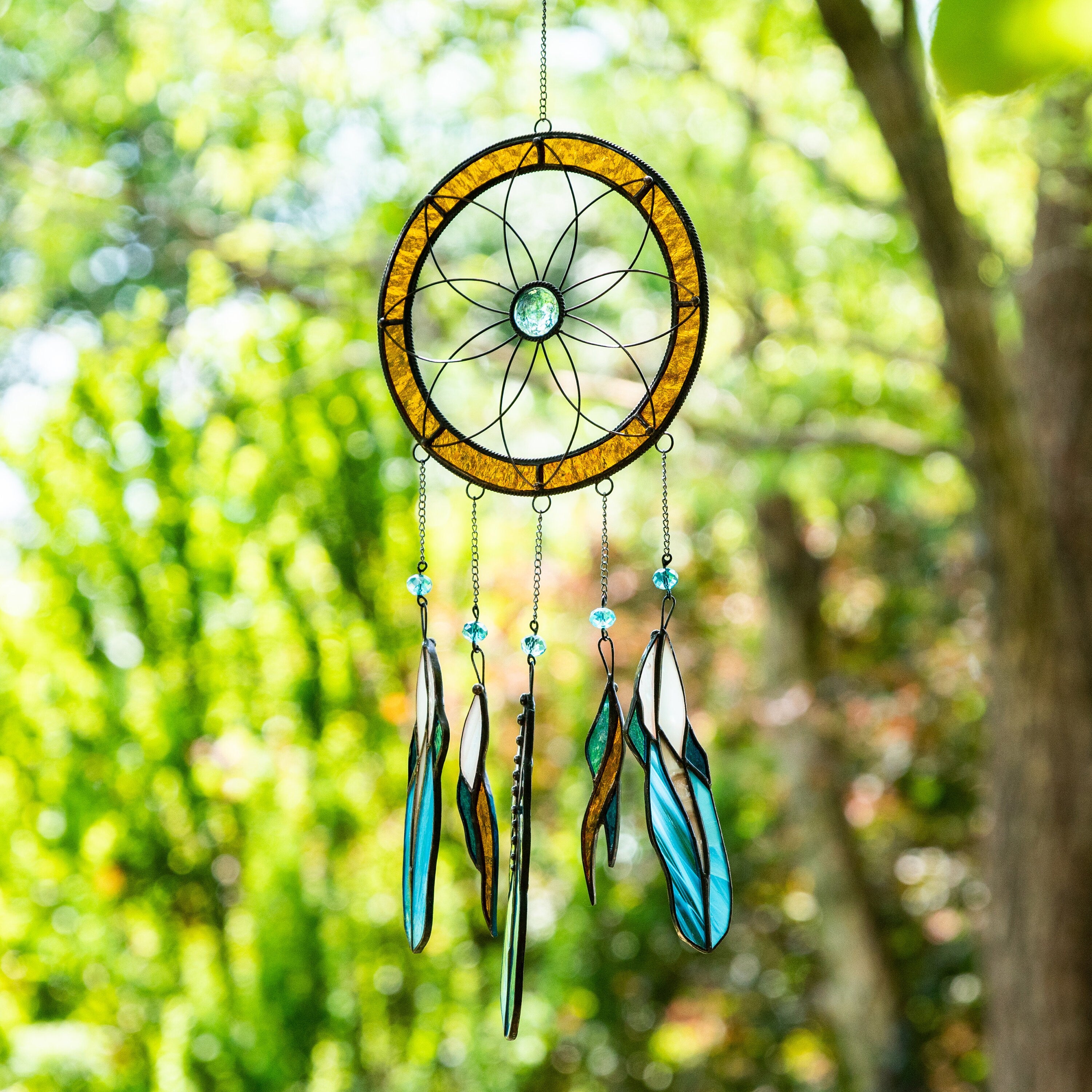 Stained glass feather dreamcatcher Unique gift for mom Home improvement Modern stained glass window hangings