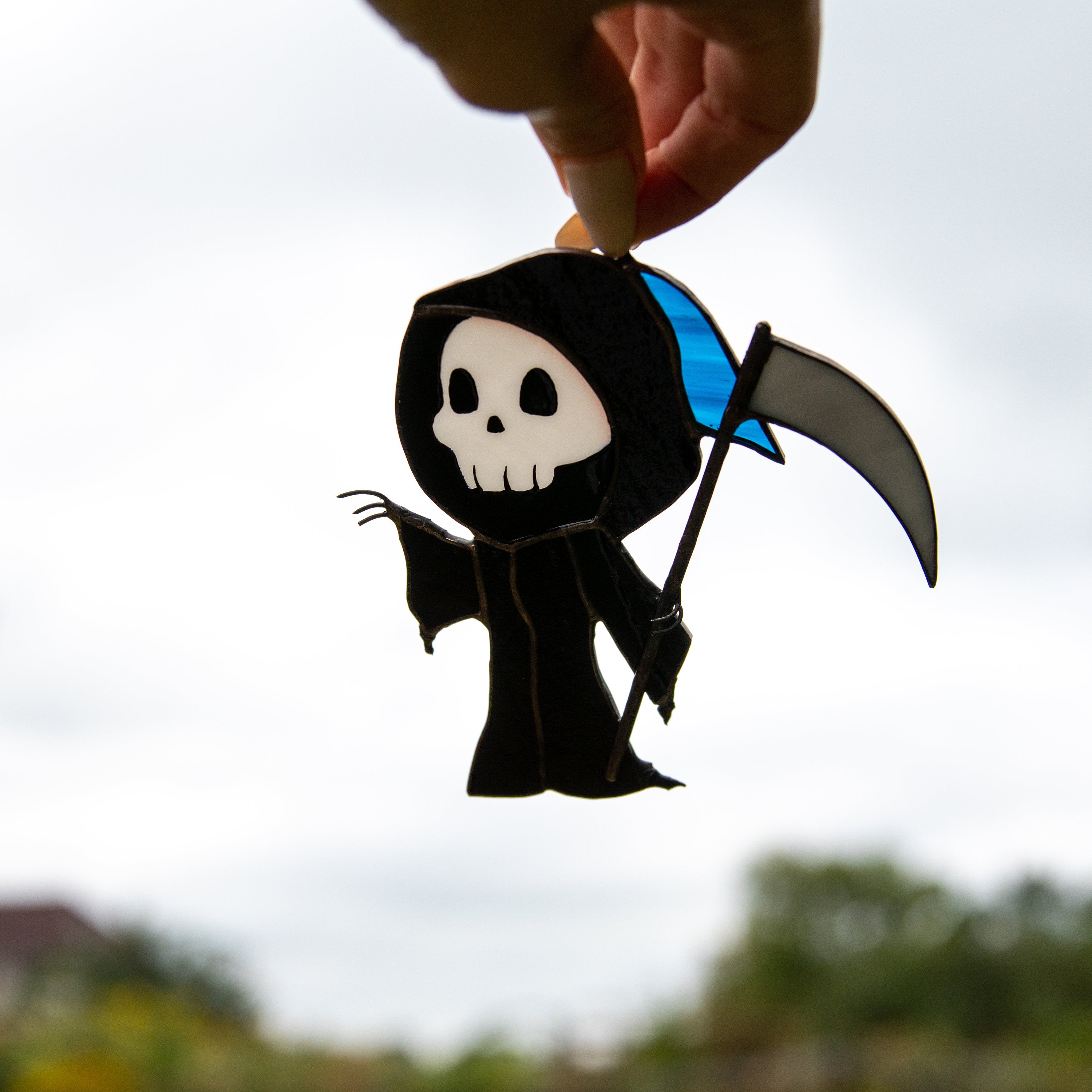Custom stained glass Halloween artwork Grim reaper Modern stained glass window hangings Spooky ornaments Stained glass Halloween suncatcher