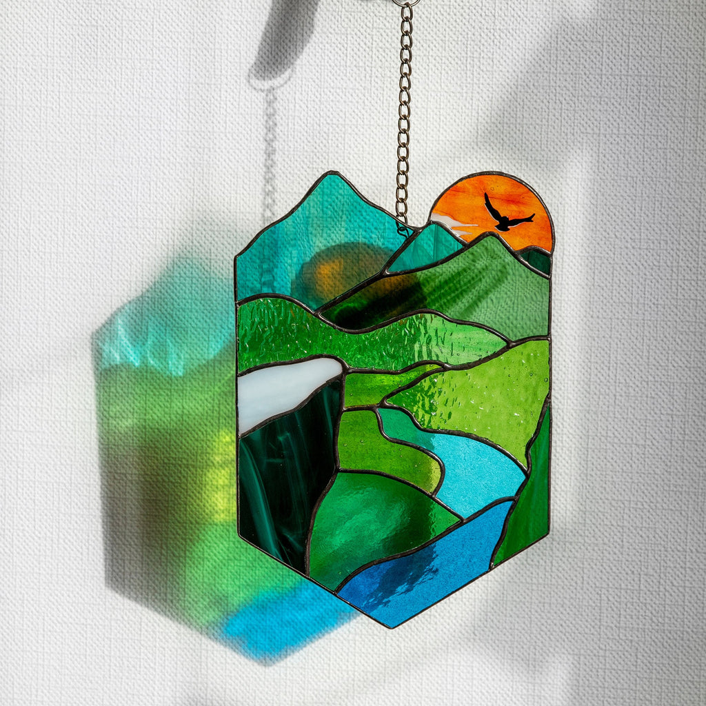 Stained glass sunset Grandparent gifts Custom stained glass window hangings New mom gift Sunset artwork Stained glass panel