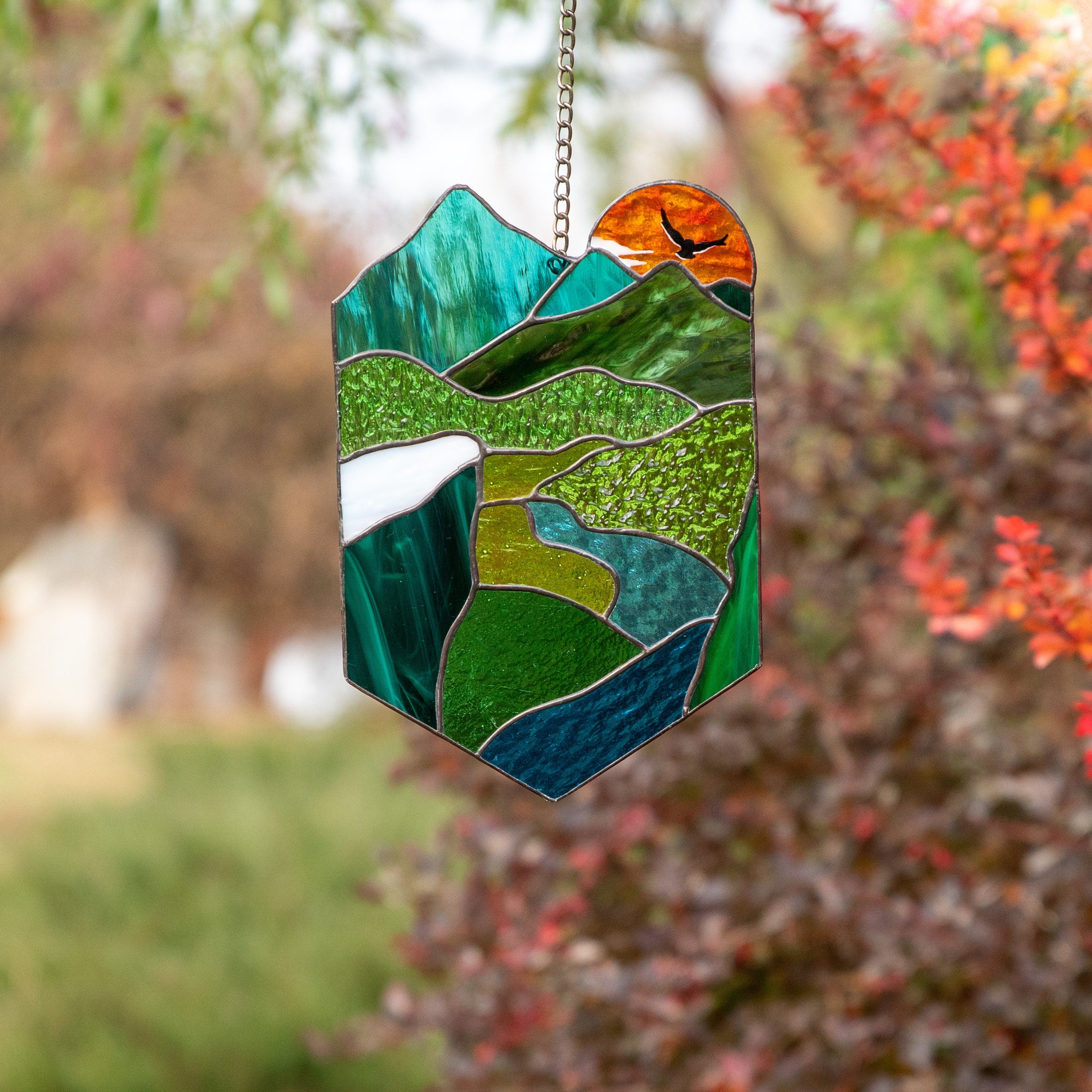 Stained glass sunset Grandparent gifts Custom stained glass window hangings New mom gift Sunset artwork Stained glass panel