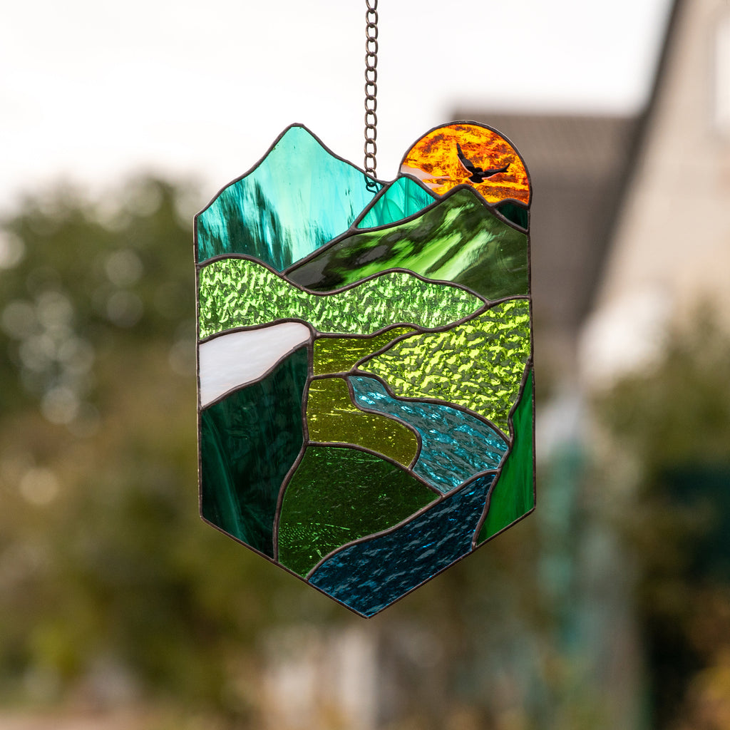 Stained glass sunset Grandparent gifts Custom stained glass window hangings New mom gift Sunset artwork Stained glass panel