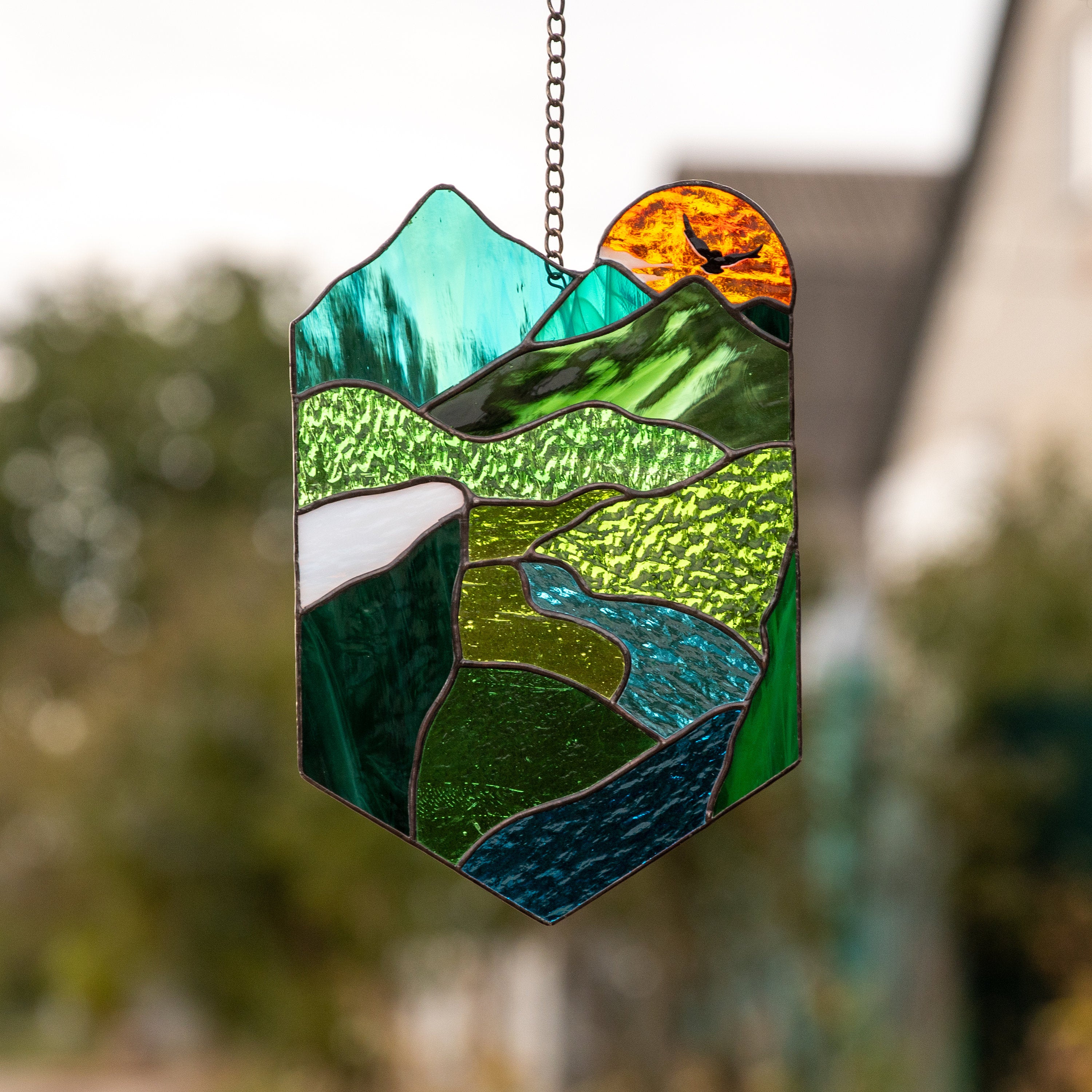 Stained glass sunset Grandparent gifts Custom stained glass window hangings New mom gift Sunset artwork Stained glass panel