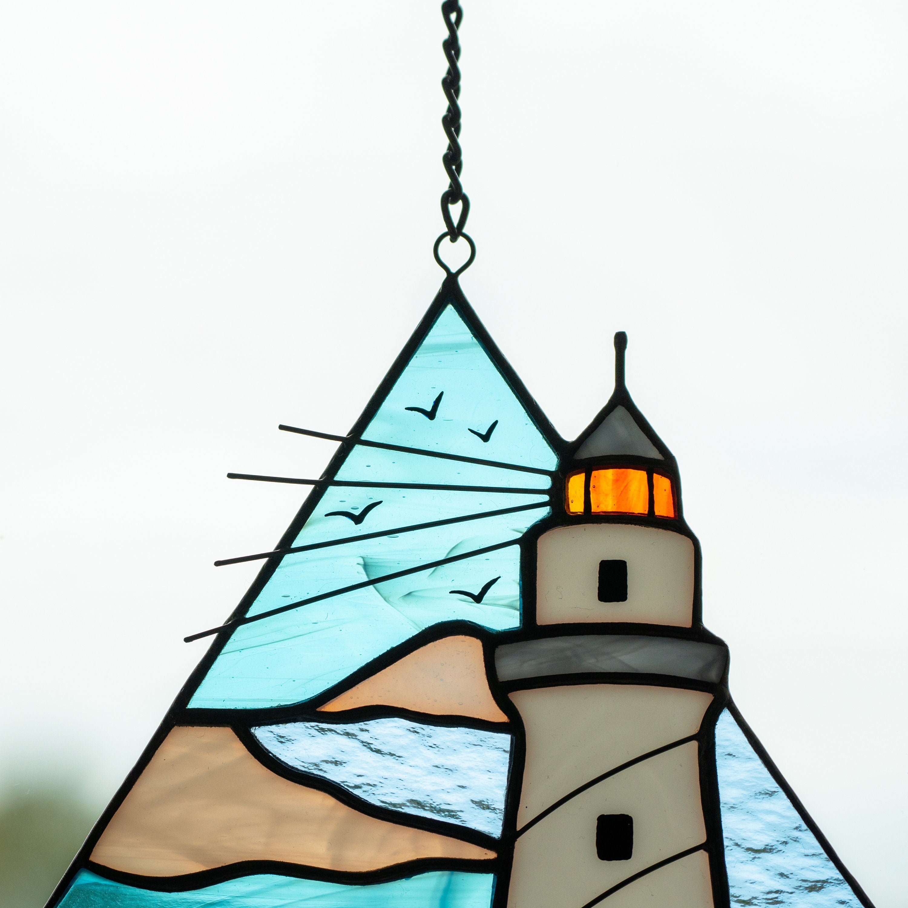 Lighthouse stained glass window hangings Godfather gift Custom stained glass panel Modern stained glass beach glass art Best gift for mom