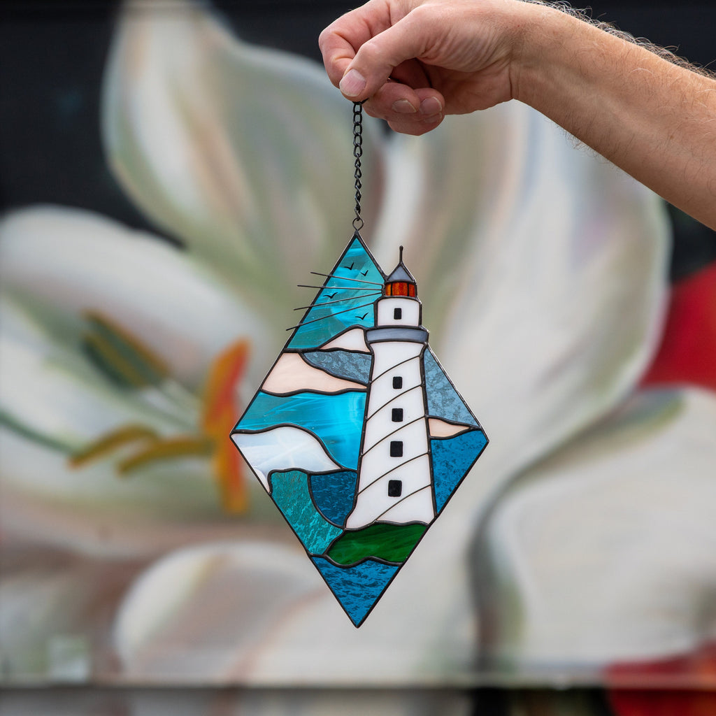 Lighthouse stained glass window hangings Godfather gift Custom stained glass panel Modern stained glass beach glass art Best gift for mom