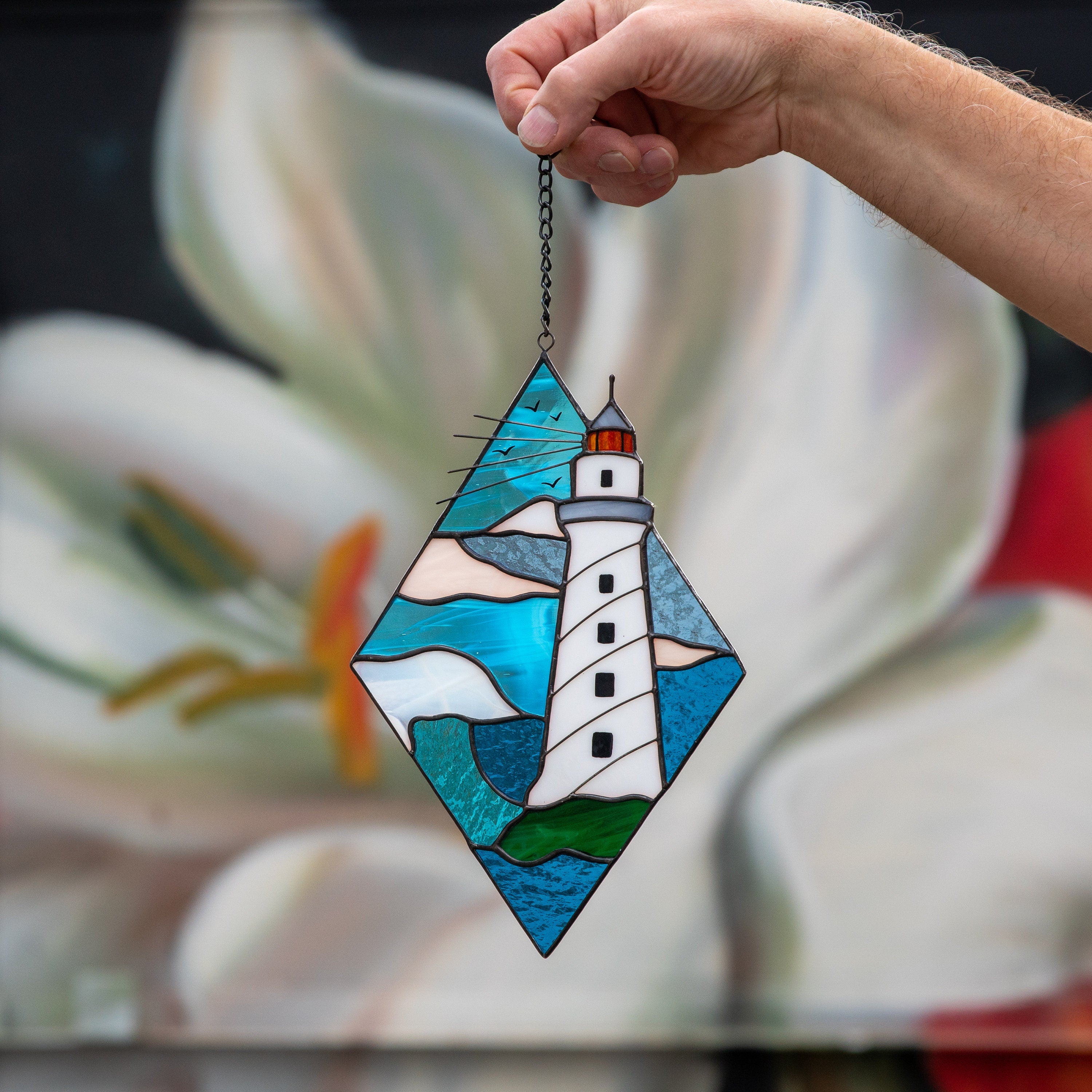 Lighthouse stained glass window hangings Godfather gift Custom stained glass panel Modern stained glass beach glass art Best gift for mom