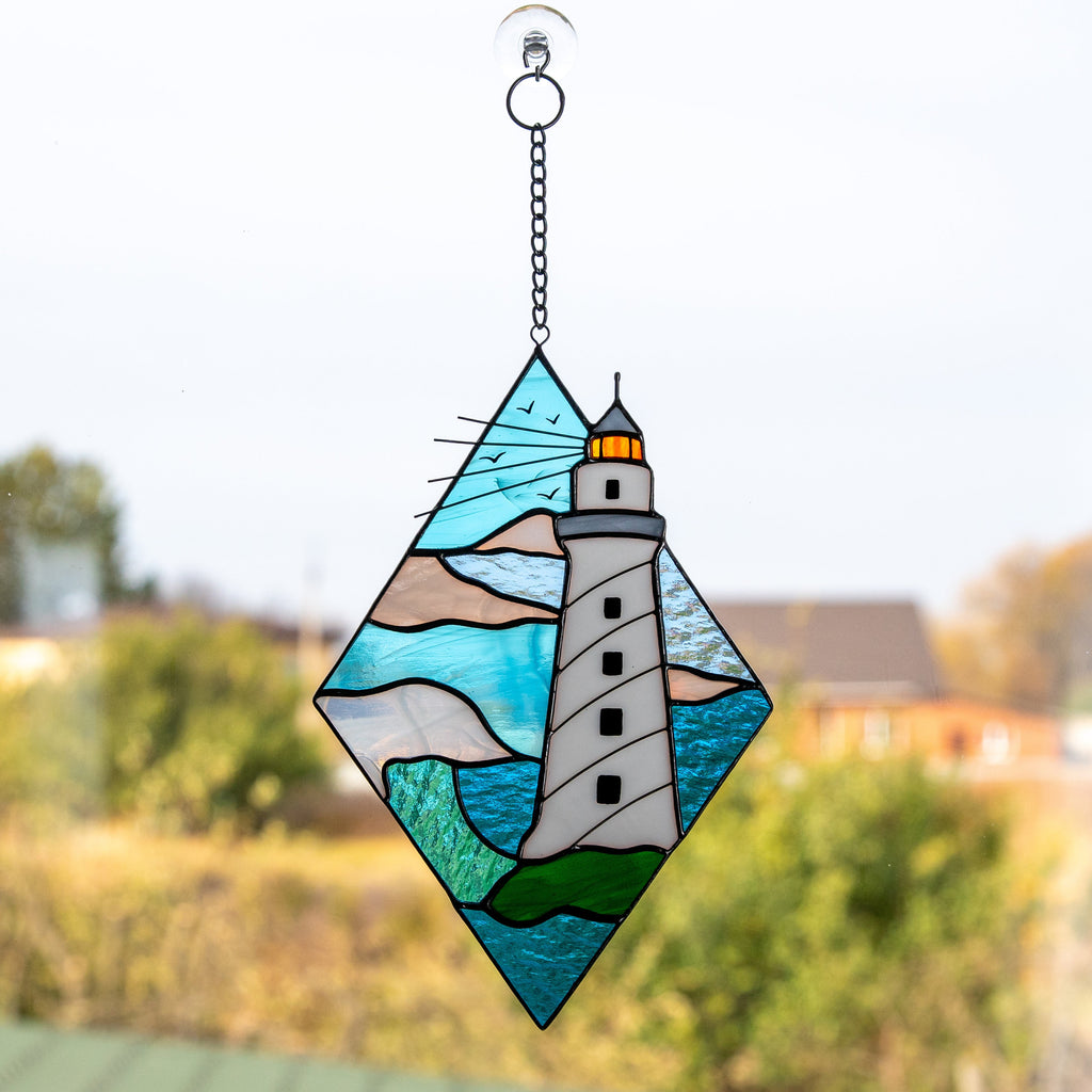 Lighthouse stained glass window hangings Godfather gift Custom stained glass panel Modern stained glass beach glass art Best gift for mom