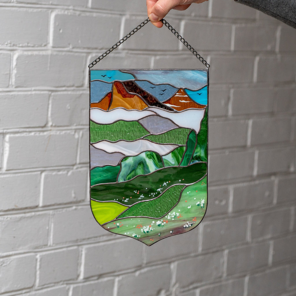 Stained glass mountains Godmother gift Custom stained glass window hangings Mom suncatcher Modern stained glass panel