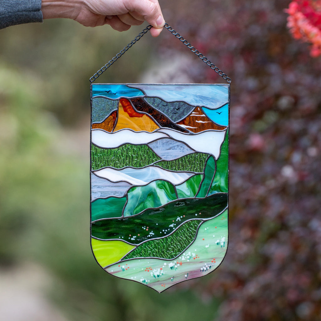 Stained glass mountains Godmother gift Custom stained glass window hangings Mom suncatcher Modern stained glass panel