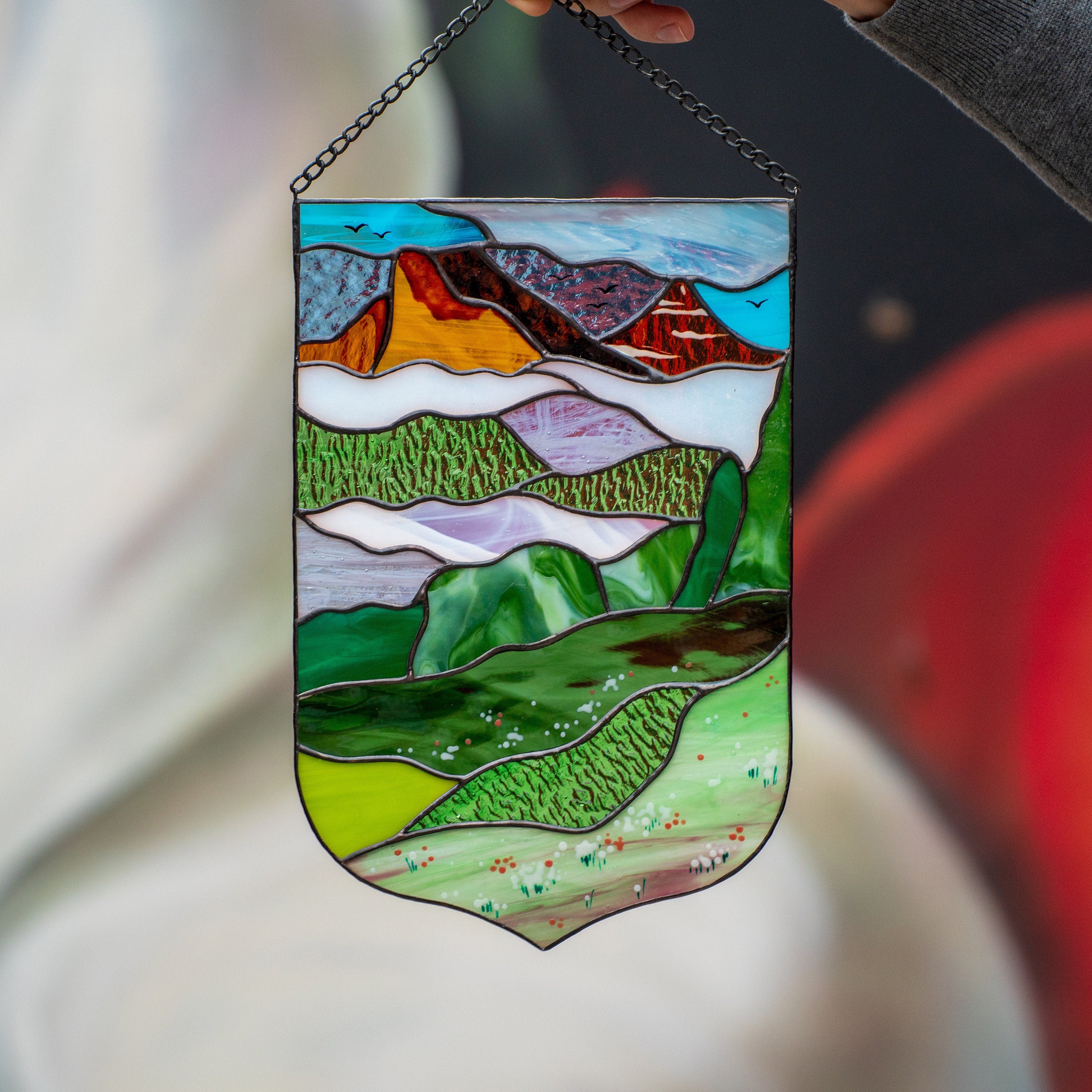Stained glass mountains Godmother gift Custom stained glass window hangings Mom suncatcher Modern stained glass panel