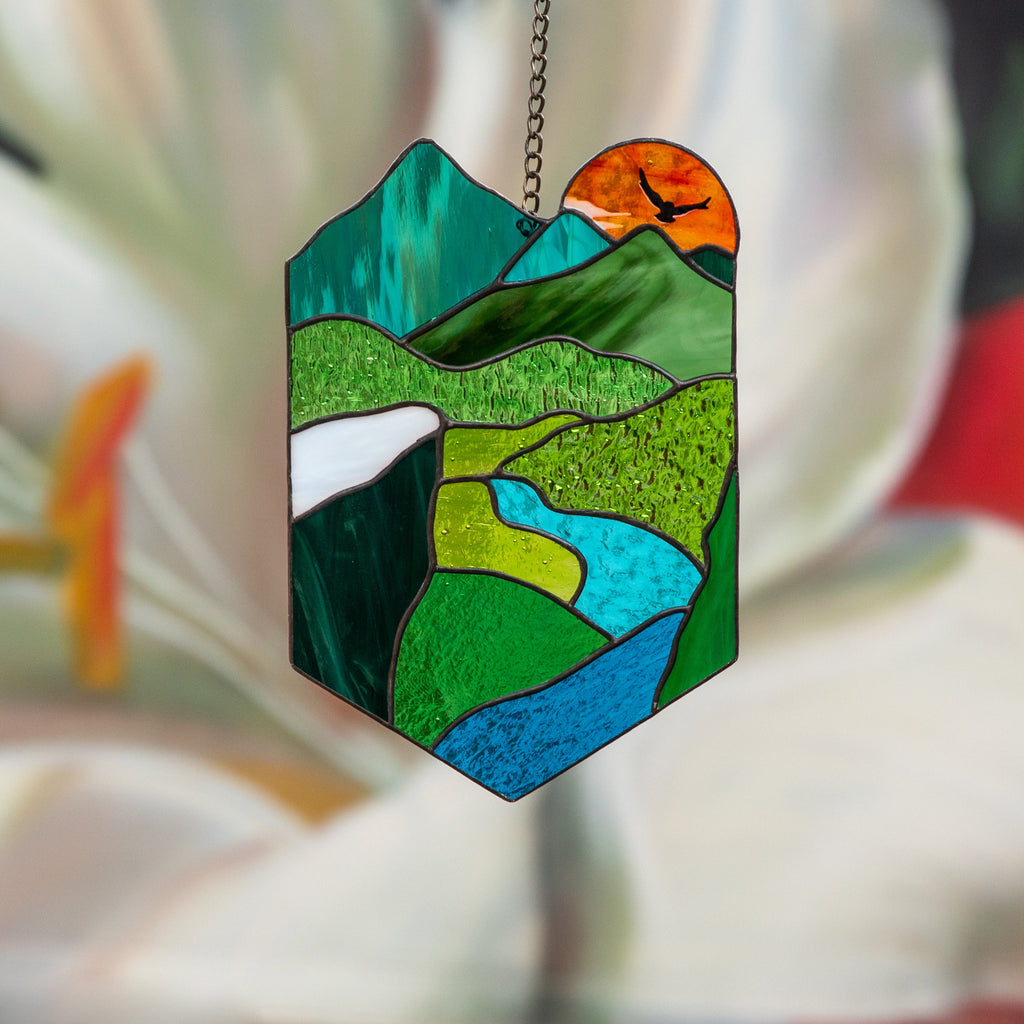 Stained glass sunset Grandparent gifts Custom stained glass window hangings New mom gift Sunset artwork Stained glass panel