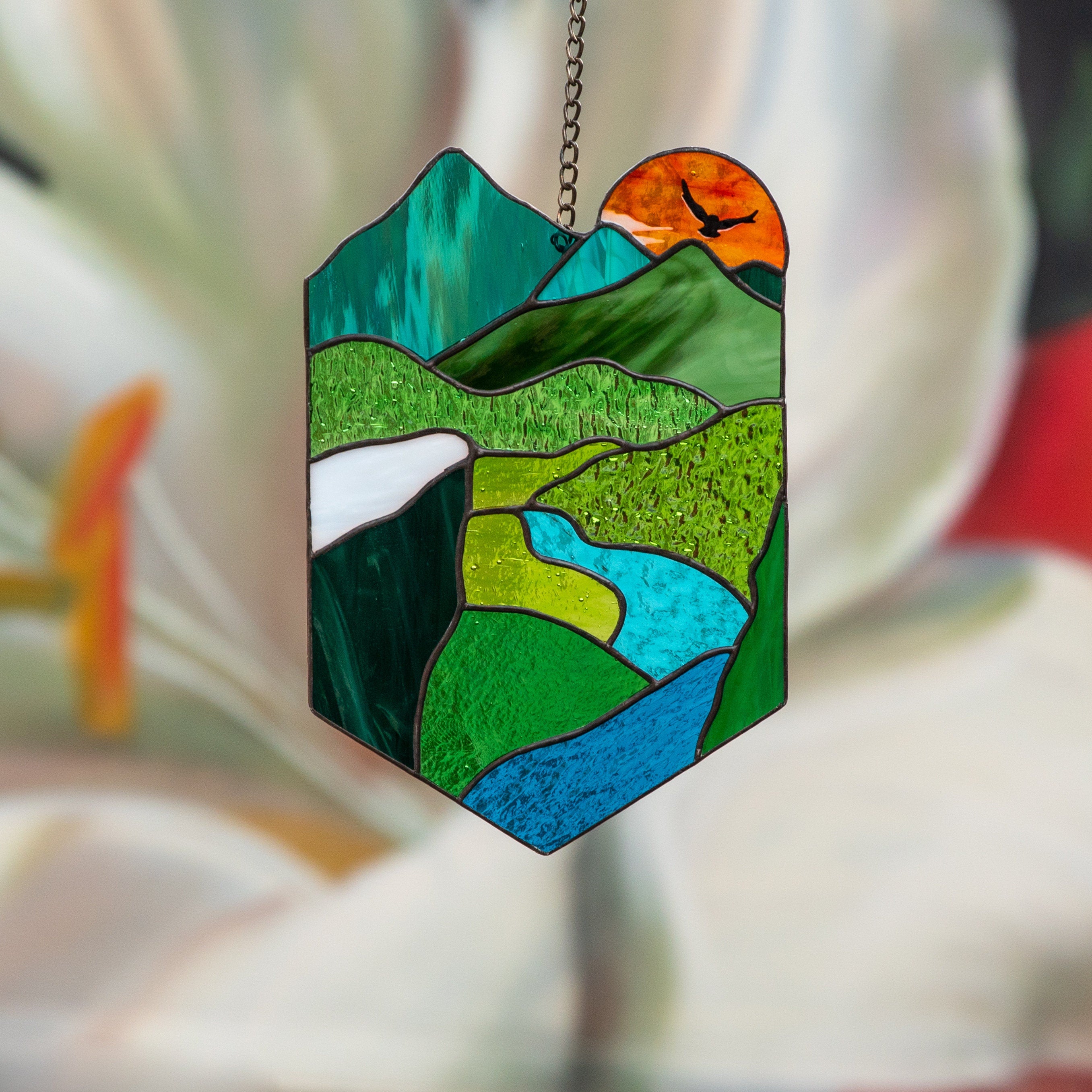 Stained glass sunset Grandparent gifts Custom stained glass window hangings New mom gift Sunset artwork Stained glass panel