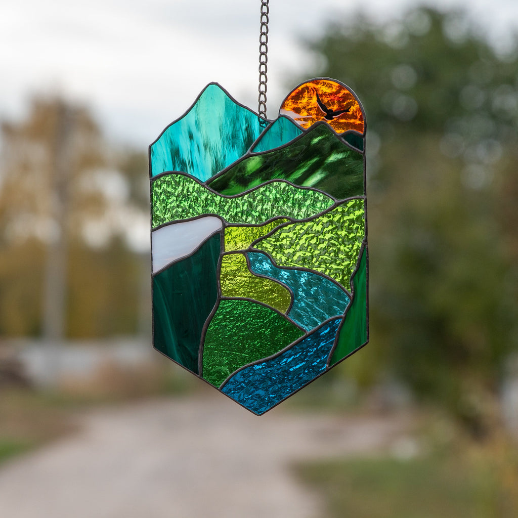 Stained glass sunset Grandparent gifts Custom stained glass window hangings New mom gift Sunset artwork Stained glass panel