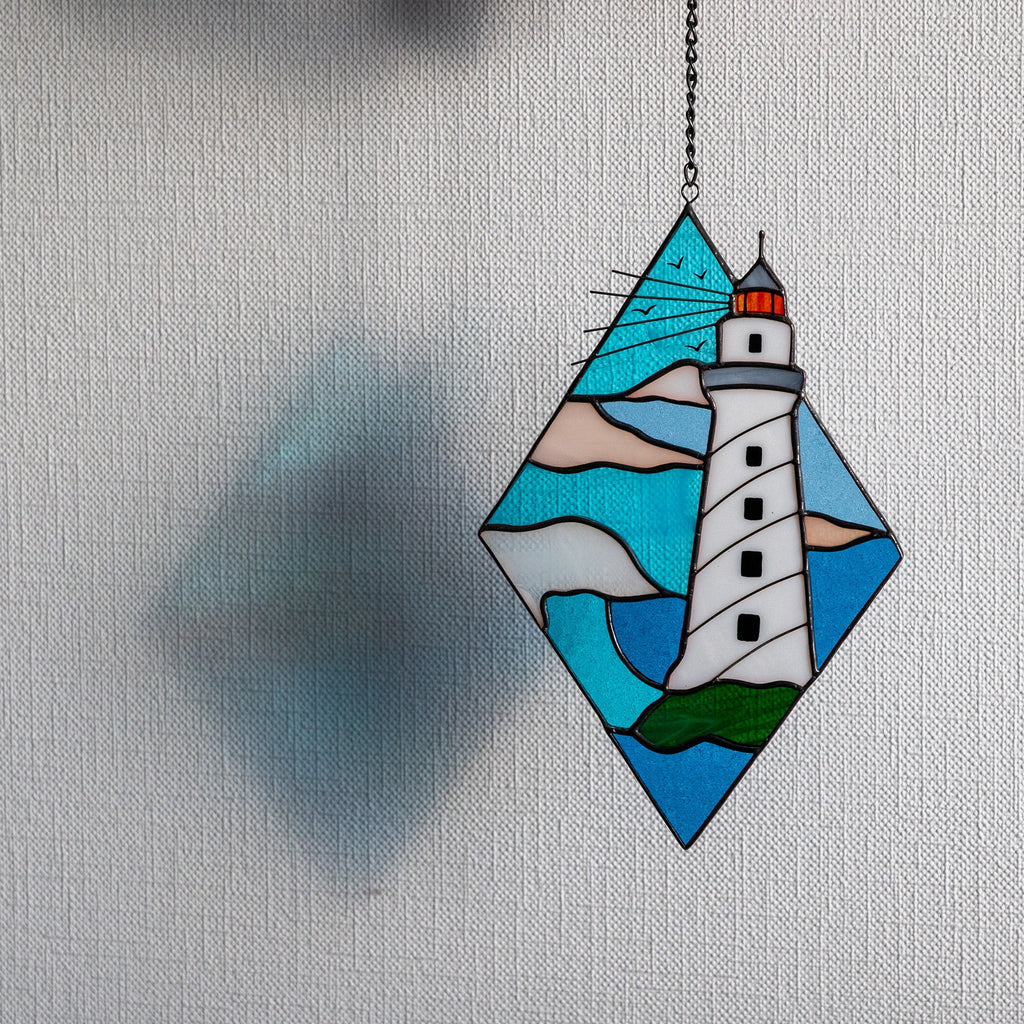Lighthouse stained glass window hangings Godfather gift Custom stained glass panel Modern stained glass beach glass art Best gift for mom