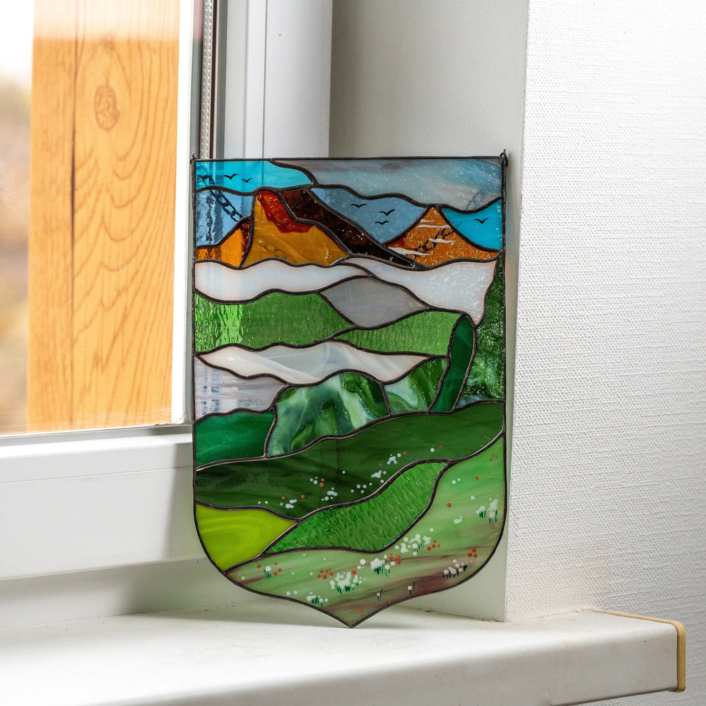 Stained glass mountains Godmother gift Custom stained glass window hangings Mom suncatcher Modern stained glass panel