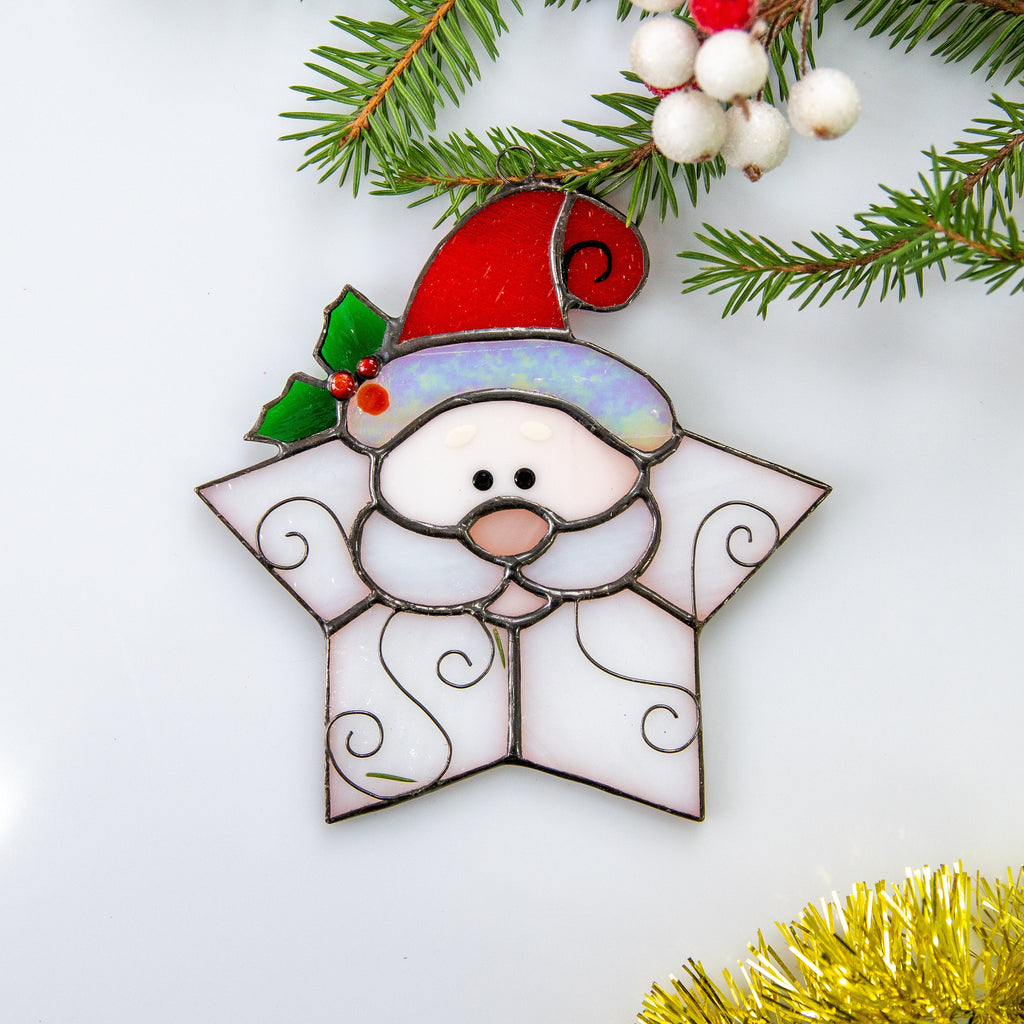 Stained glass santa ornament Grandparents Christmas gift Christmas tree ornaments stained glass window hangings Holiday hosting decor