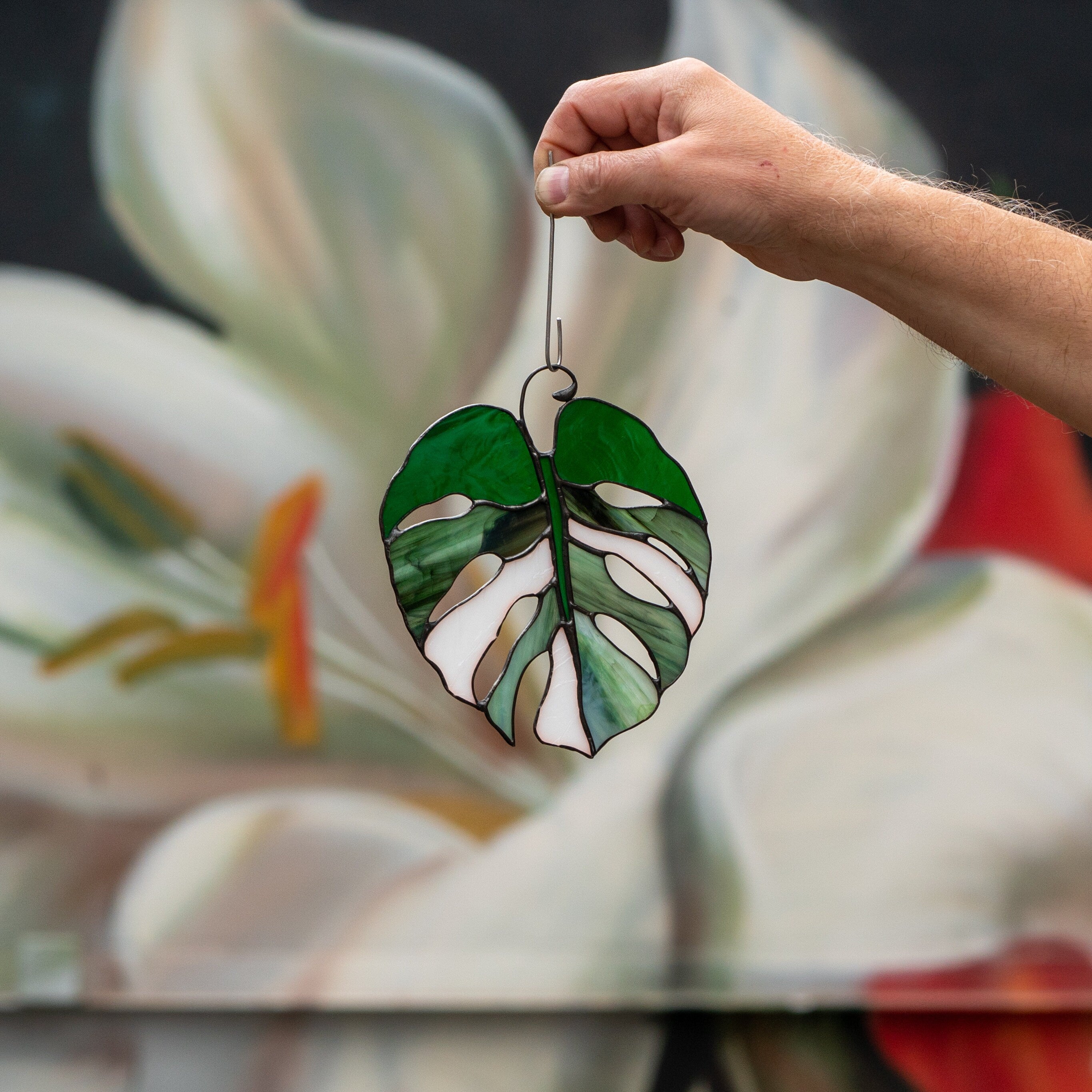 Variegated monstera stained glass plant St Patricks Day Custom stained glass window hangings Grandparent gifts Stained glass suncatcher