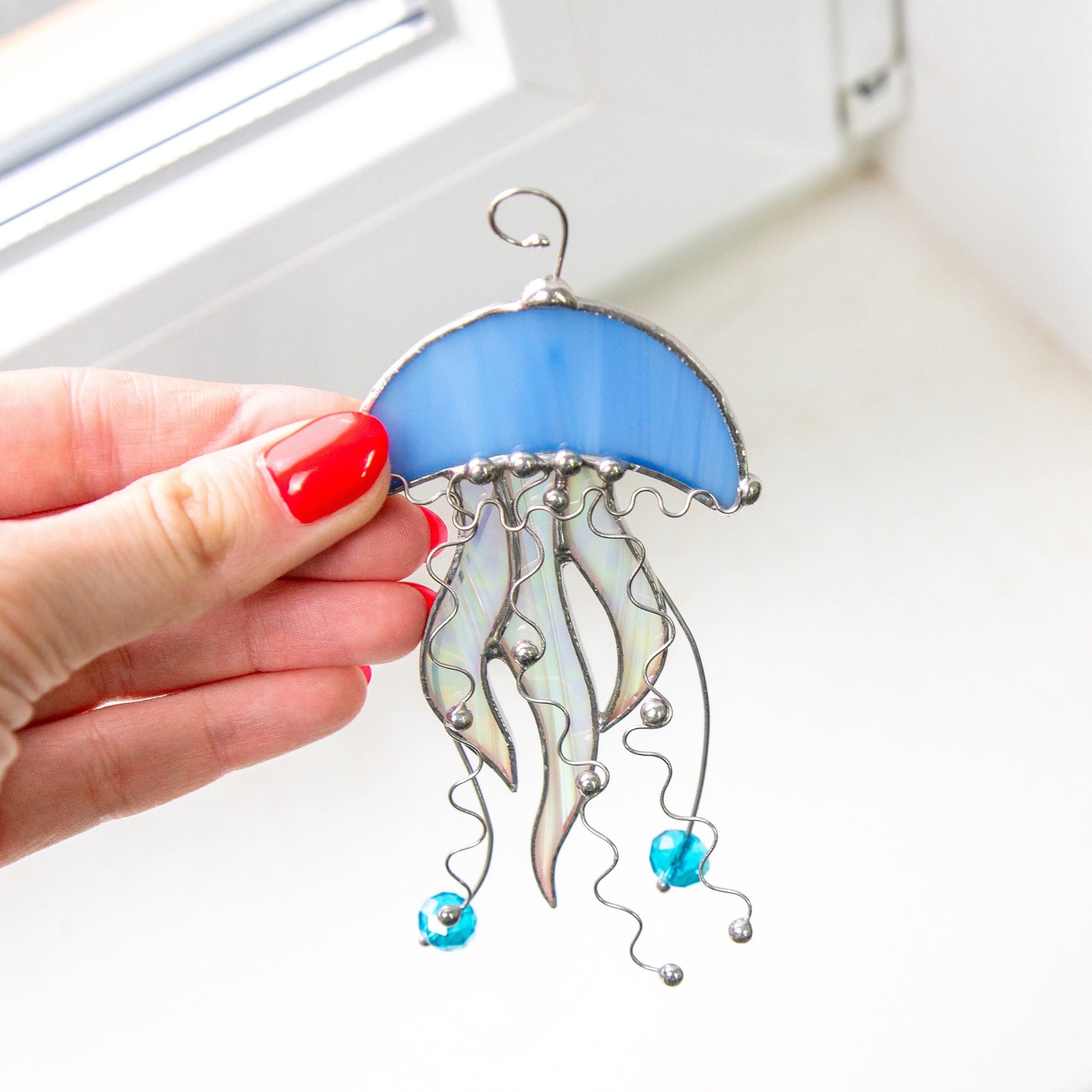 Jellyfish stained glass suncatcher First mothers day gift Beach house decor Custom stained glass window hangings