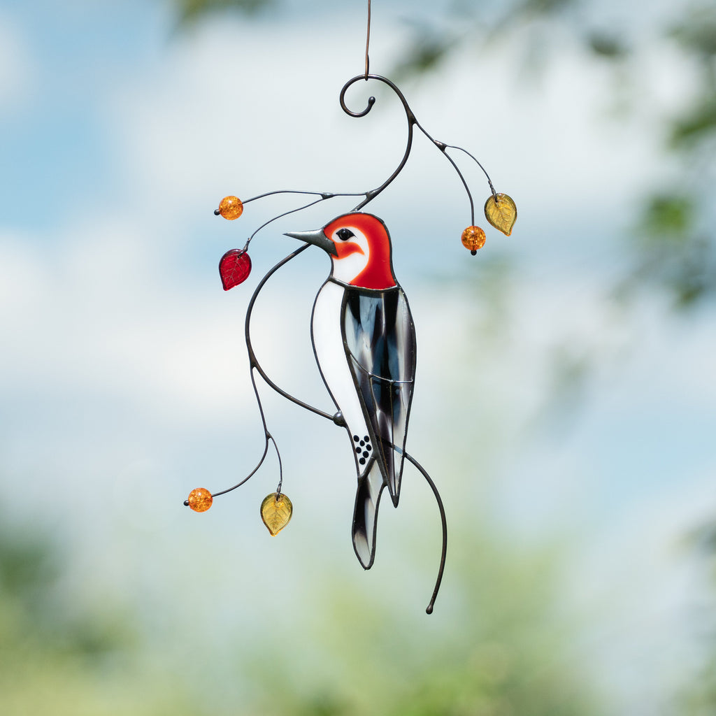 Woodpecker stained glass suncatcher Best dad gift Stained glass grandma ornament window hangings Front porch decor Garden ornaments