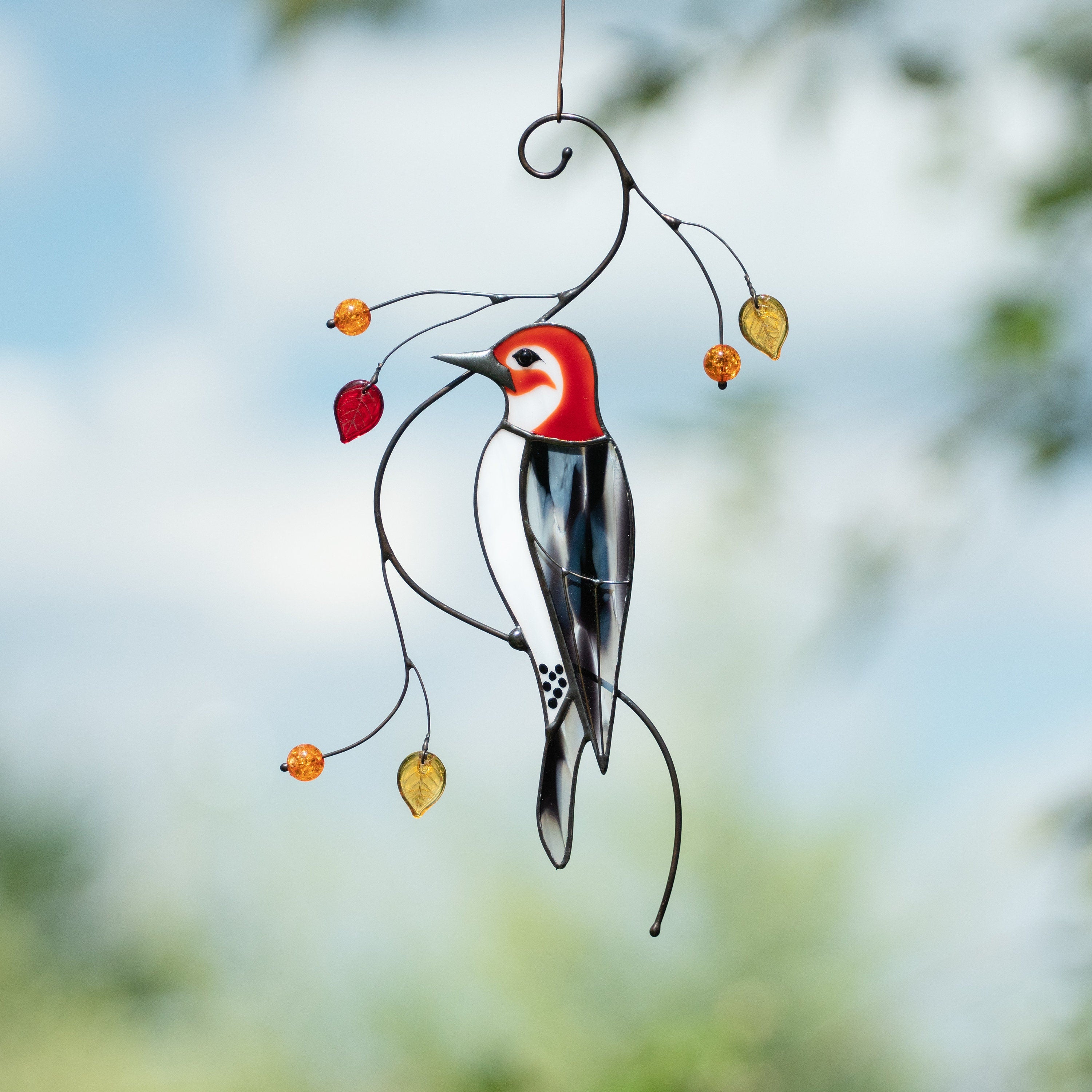 Woodpecker stained glass window hangings Godfather gift Stained glass fairy garden decoration Gift for grandma Bird lover gifts