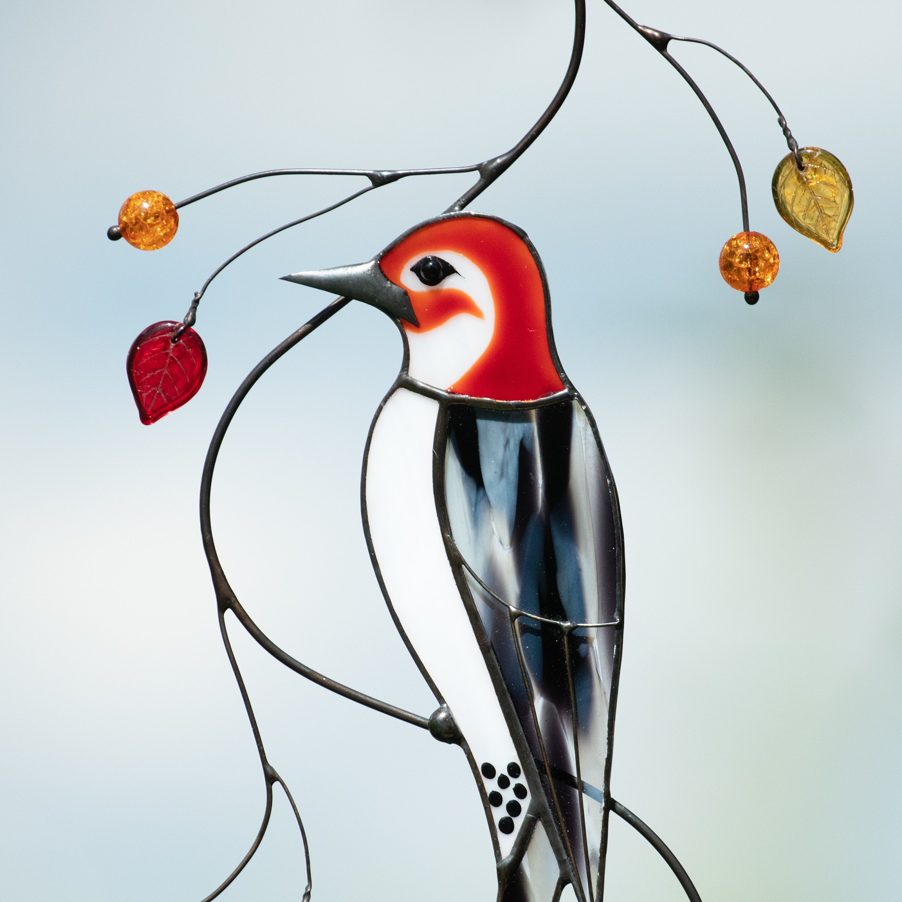 Woodpecker stained glass suncatcher Best dad gift Stained glass grandma ornament window hangings Front porch decor Garden ornaments