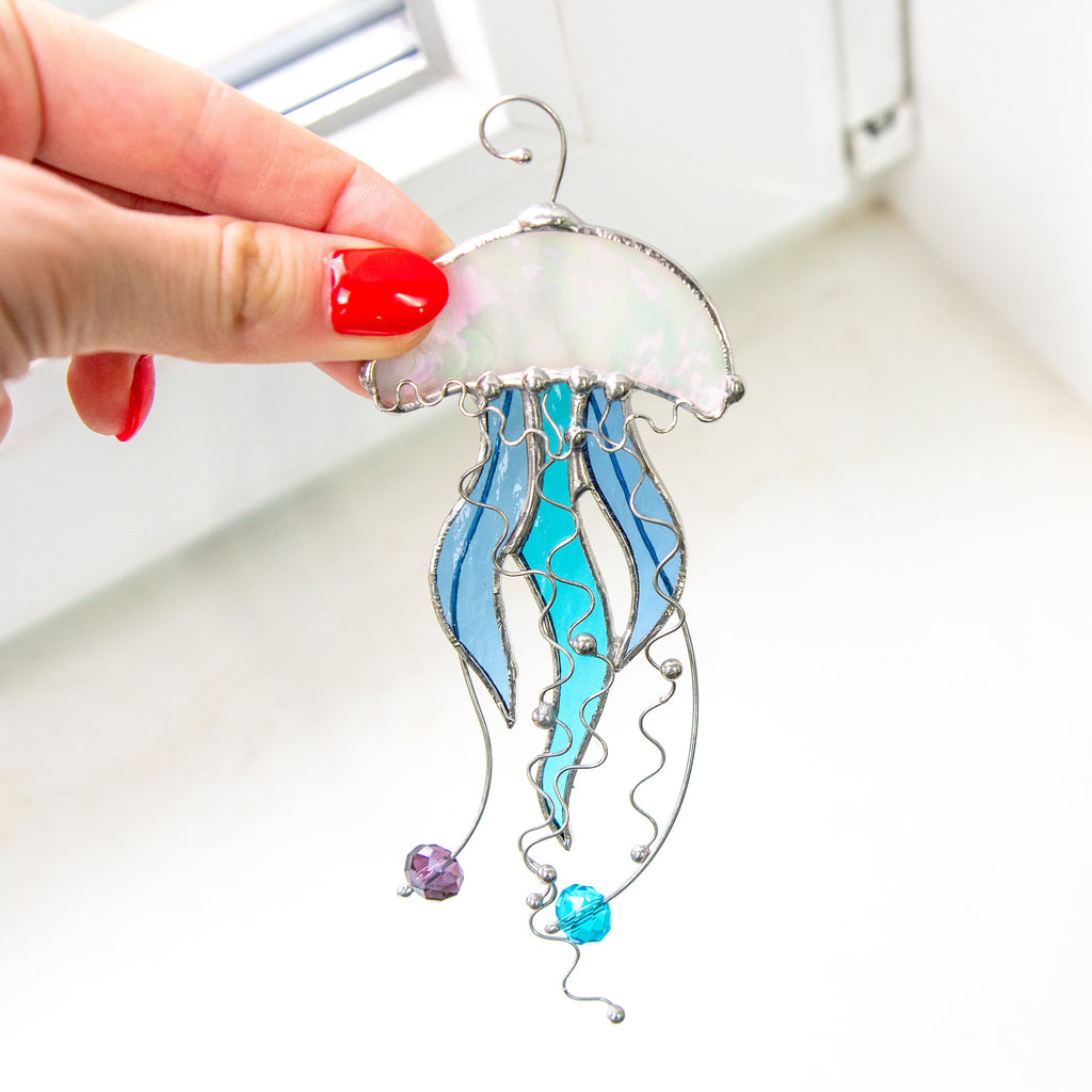 Jellyfish stained glass window hangings Gift for her Sunshine party decor Custom stained glass suncatcher