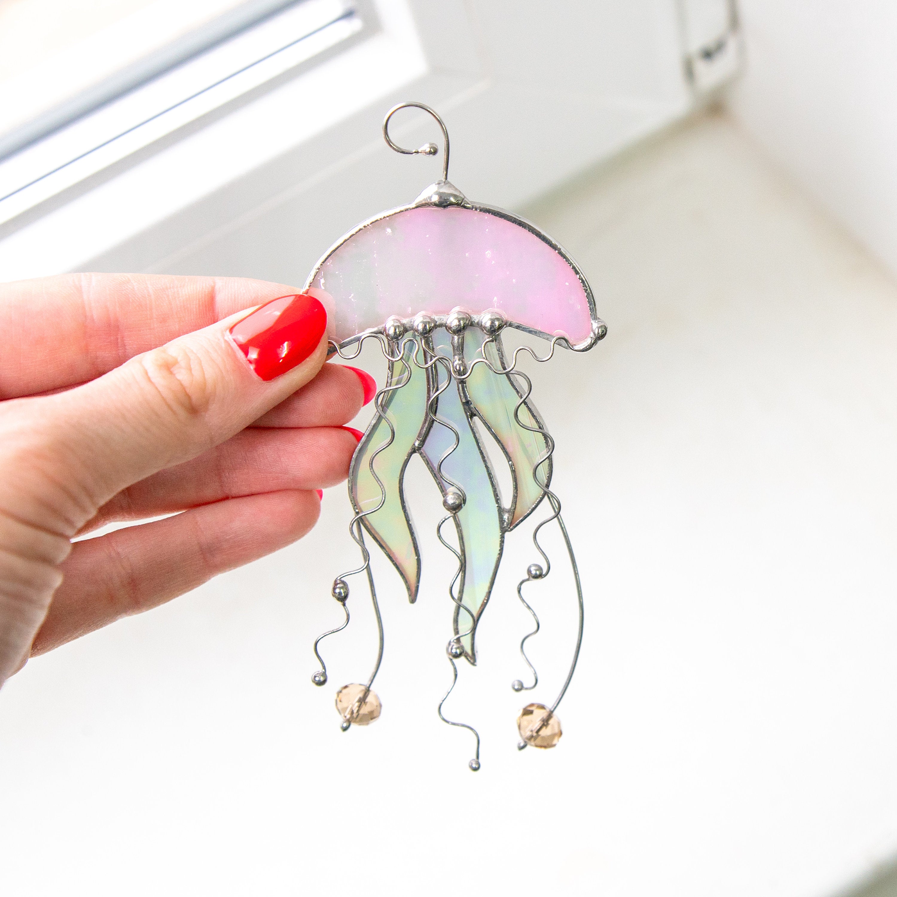 Jellyfish stained glass suncatcher First mothers day gift Beach house decor Custom stained glass window hangings