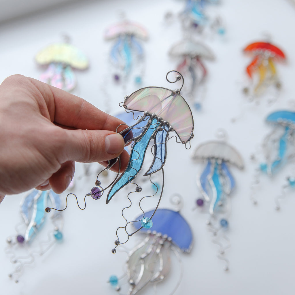 Jellyfish stained glass suncatcher First mothers day gift Beach house decor Custom stained glass window hangings