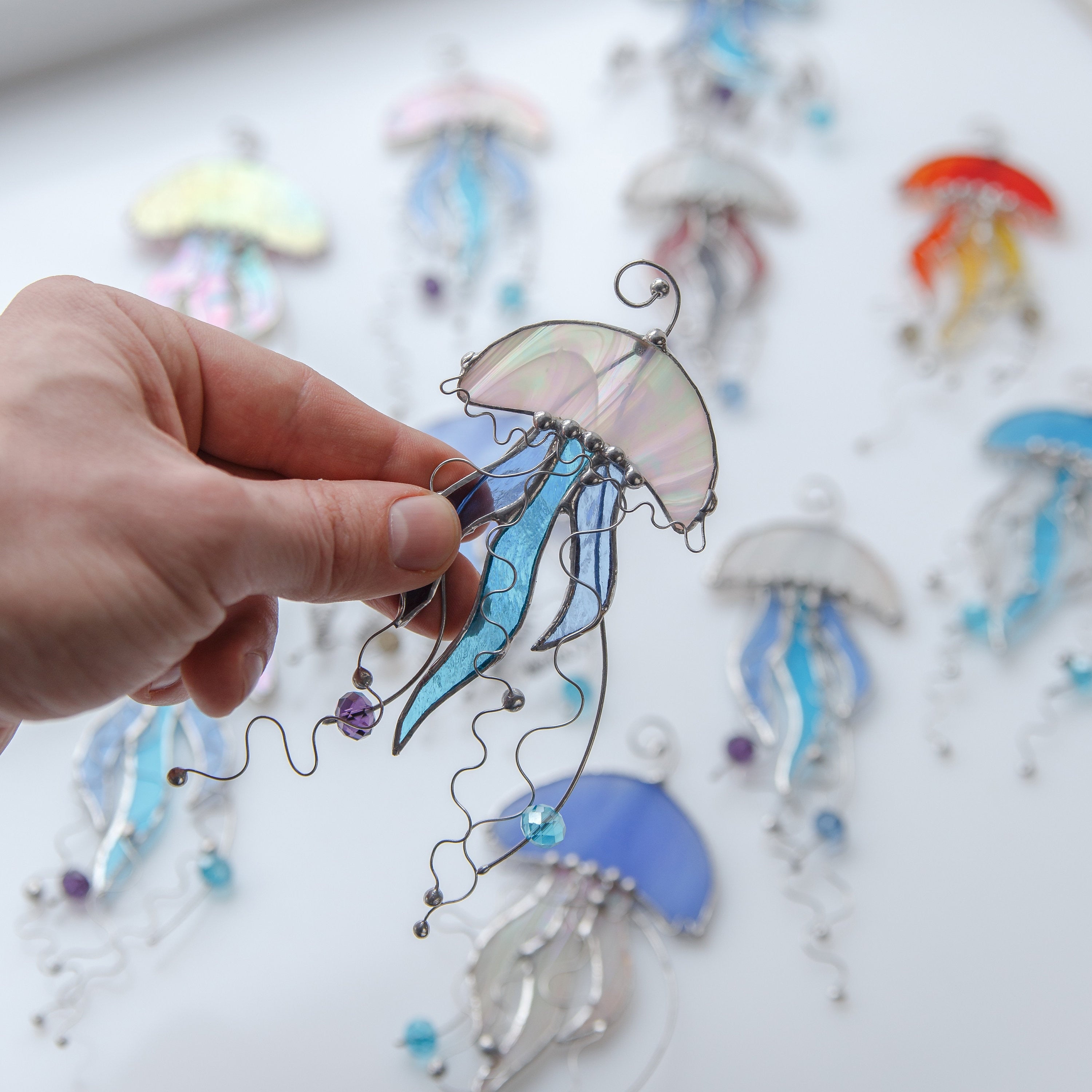 Jellyfish stained glass suncatcher First mothers day gift Beach house decor Custom stained glass window hangings