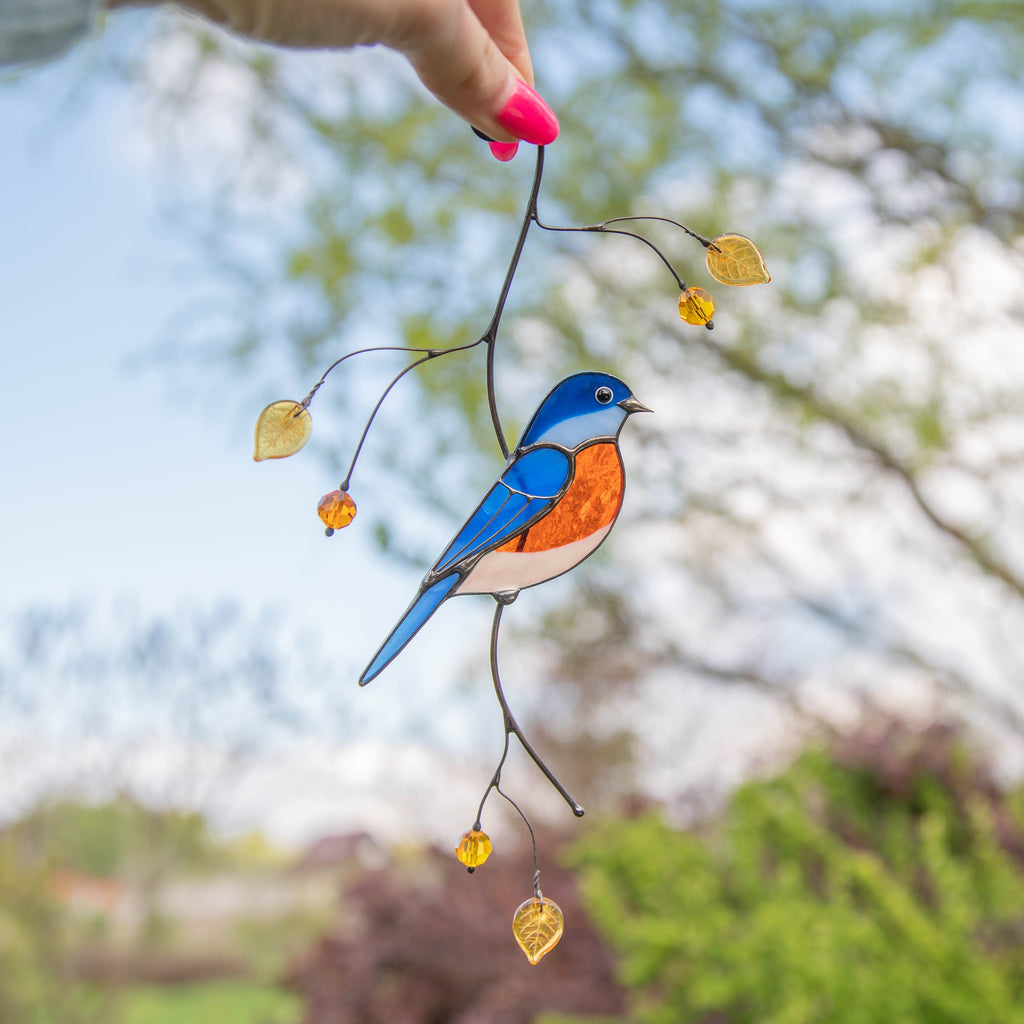 Bluebird stained glass bird suncatcher Daughter in law gift Bird love gifts stained glass window hangings Patio decor Grandparent gifts
