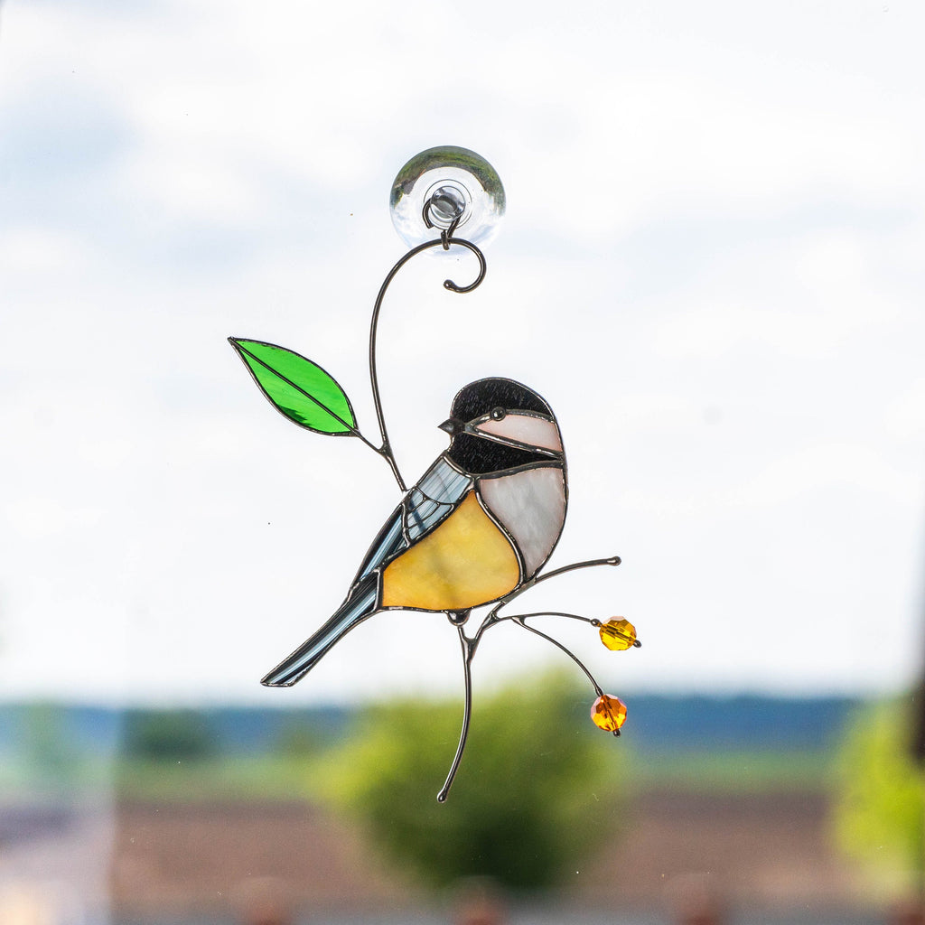 Chickadee stained glass bird suncatcher Unique gifts for him window hangings Spring decor