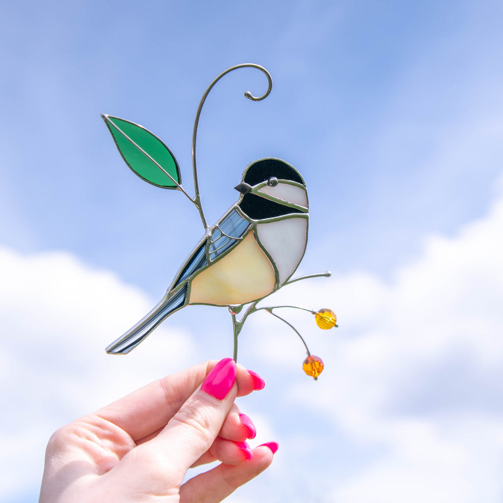 Chickadee stained glass bird suncatcher Unique gifts for him window hangings Spring decor
